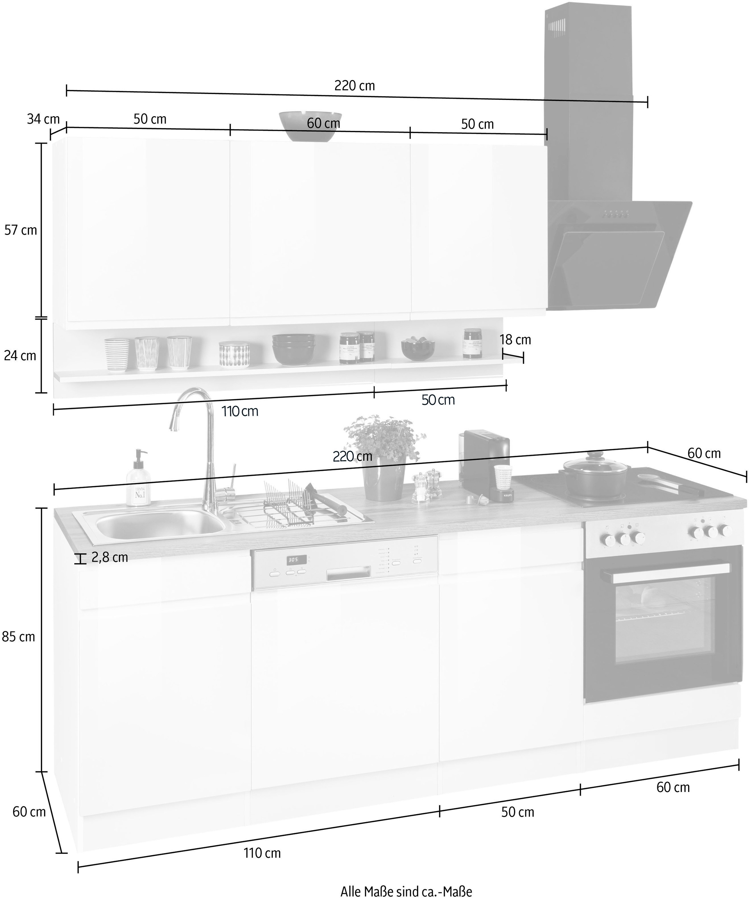 KOCHSTATION Küche »KS-Virginia«, Breite 220 cm, wahlweise mit oder ohne E-Geräte
