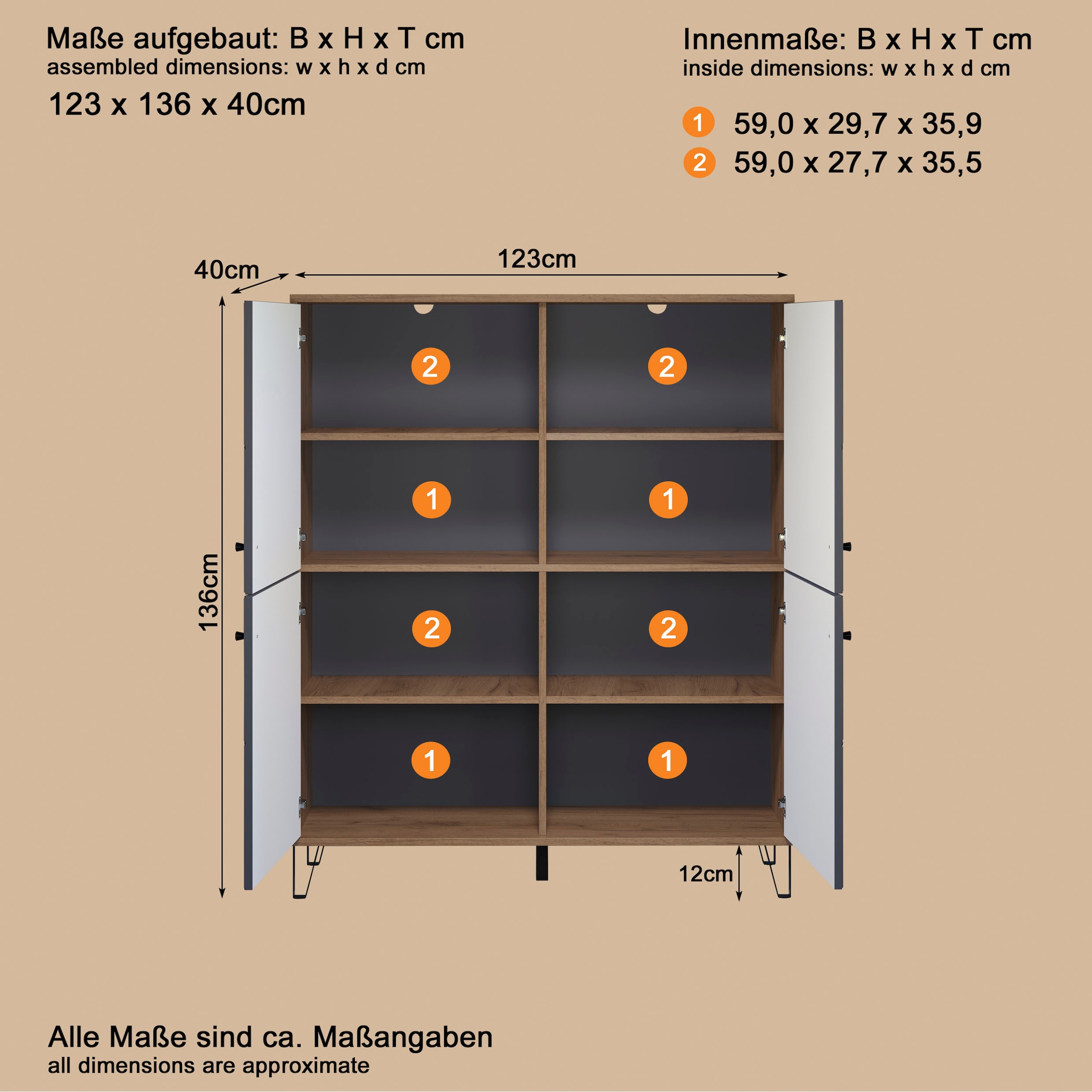 Places of Style Highboard »Molveno«, (1 St.), Highboard mit 4 Türen & Soft-Close - (B/T/H) 123/40/136 cm
