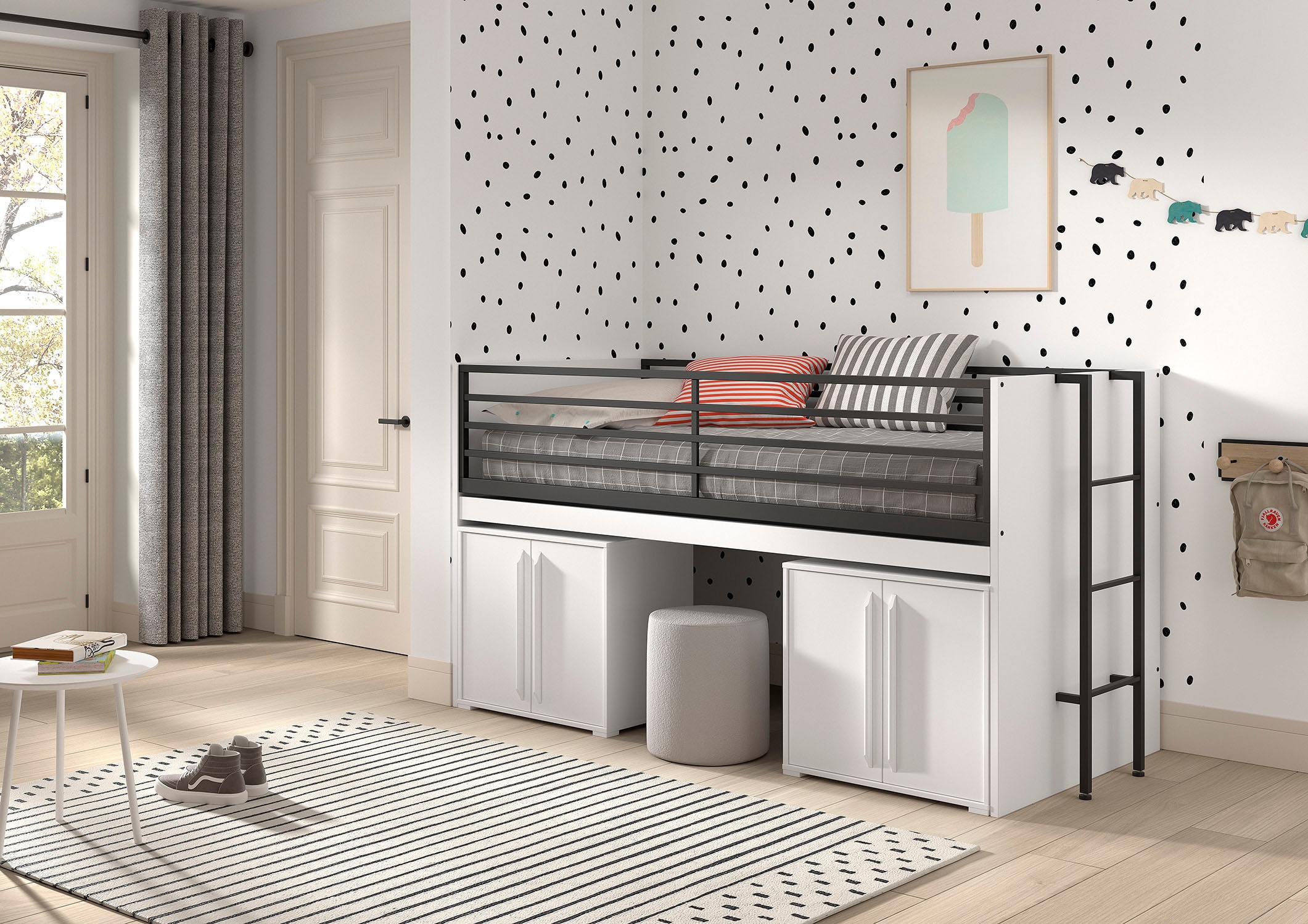 Vipack Stauraumbett »Sam, schlafen und arbeiten in einem, wahlweise Eiche- oder Weiß-Dekor« Liegefläche 90x200 cm, darunter eine große ausziehbare Schreibplatte,  mit Absturzschutz, Leiter u. Stauraum, pflegeleichte Dekor Oberfläche