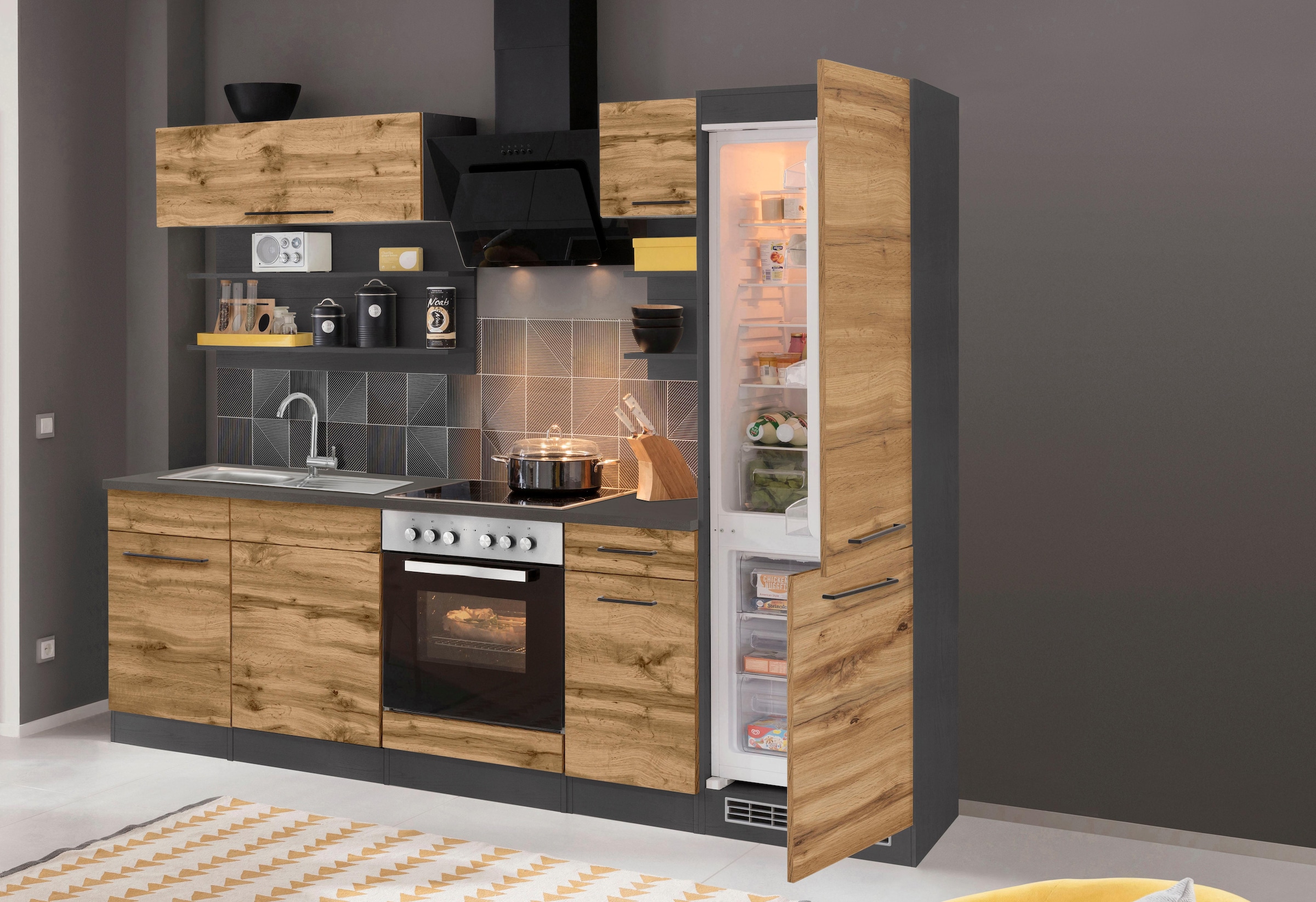 KOCHSTATION Küchenzeile »KS-Tulsa«, mit E-Geräten, Breite 270 cm, schwarze Metallgriffe, MDF Fronten