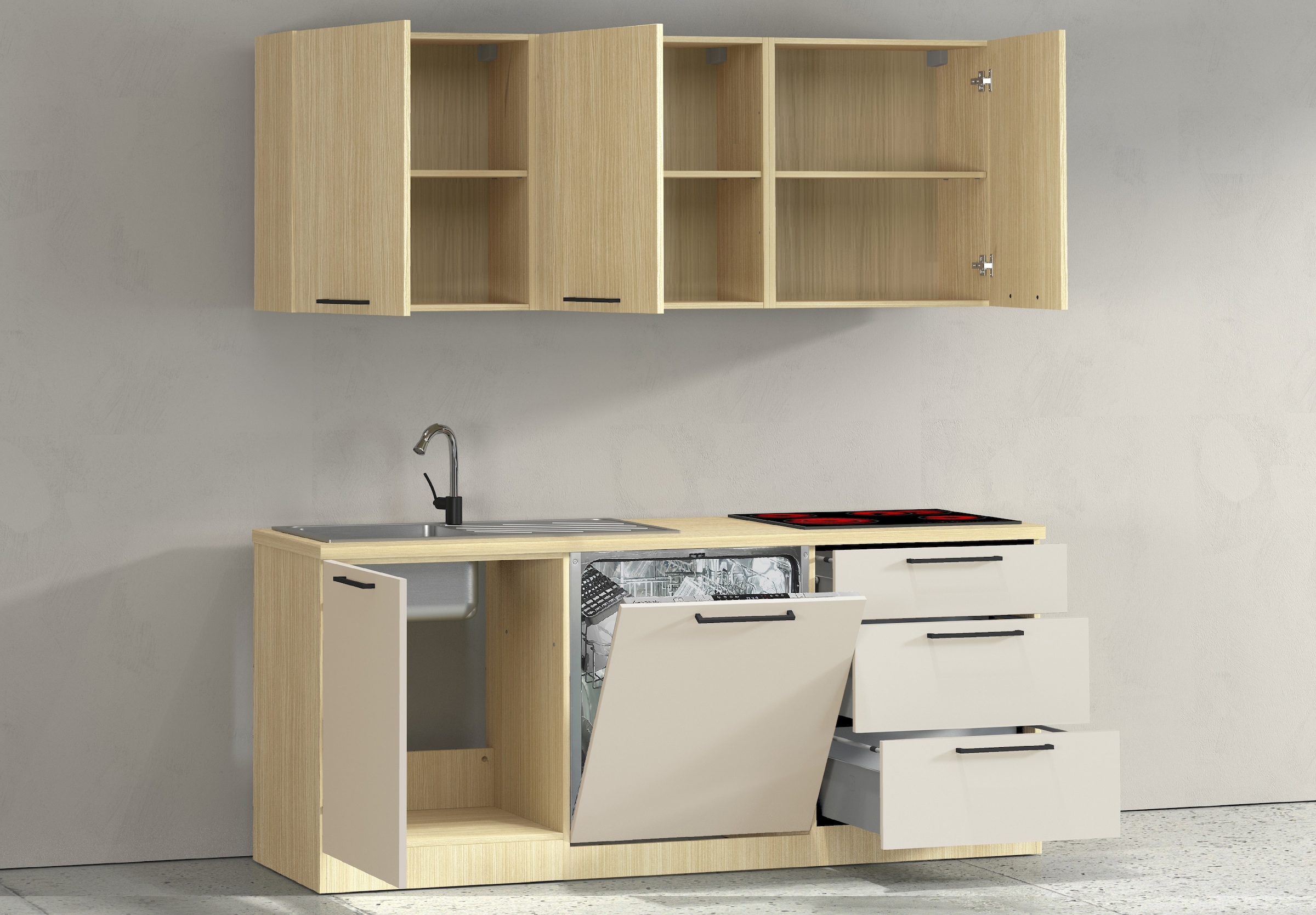 KOCHSTATION Küchenzeile »Luna, Küchenzeile mit Spüle + Siphon, ohne E-Geräte« Breite 182 cm,Türen mit Soft-Close Funktion, Metalgriffe,Made in Italy