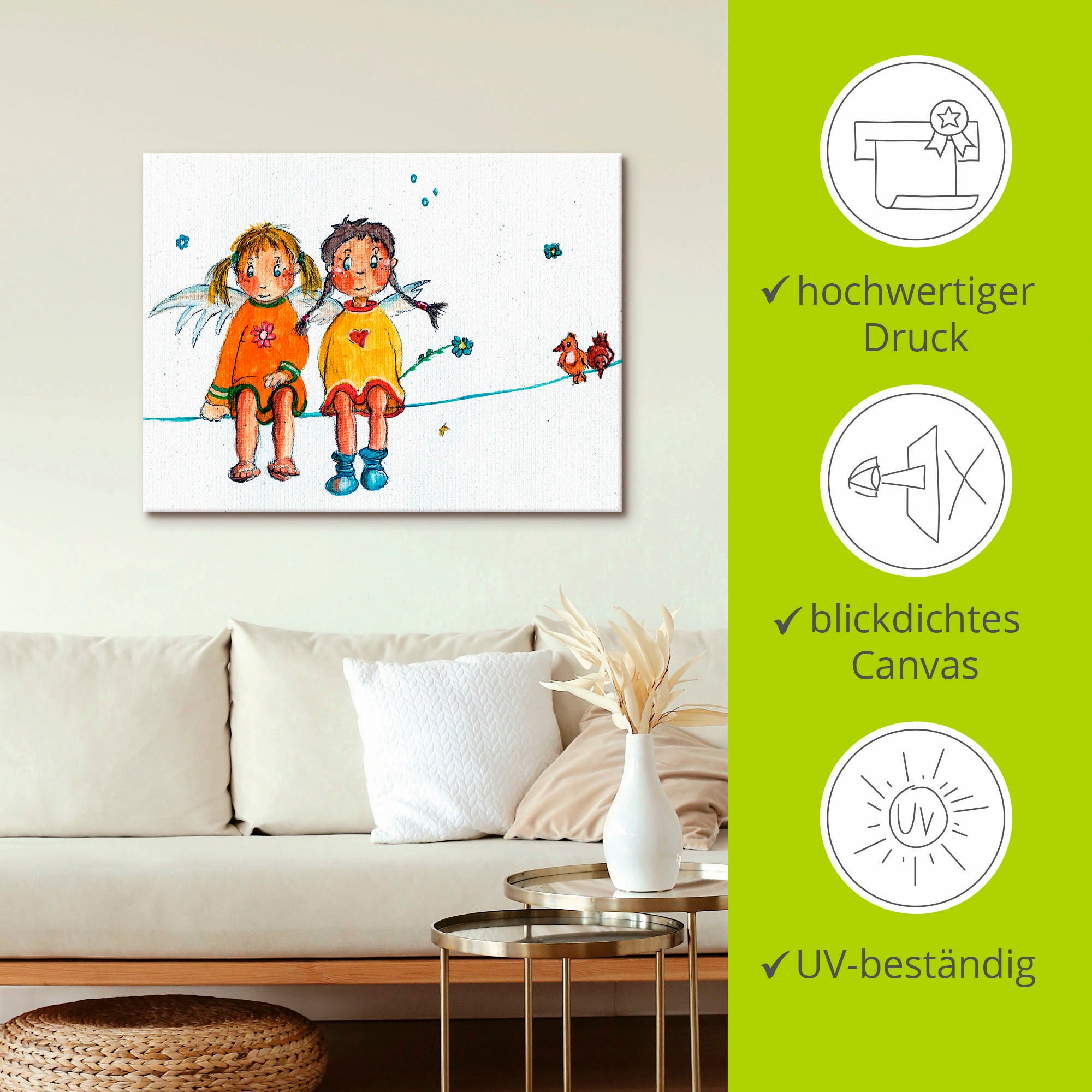 Artland Wandbild »Zwei Engelchen sitzen auf Wäscheleine«, Kinder, (1 St.), als Leinwandbild, Wandaufkleber in verschied. Größen