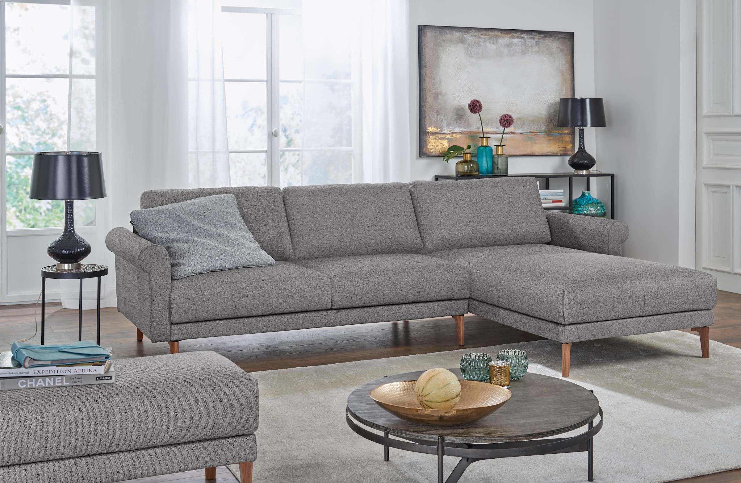 hülsta sofa Ecksofa »hs.450«, Armlehne Schnecke modern Landhaus, Breite 282  cm, Fuß Nussbaum kaufen | BAUR