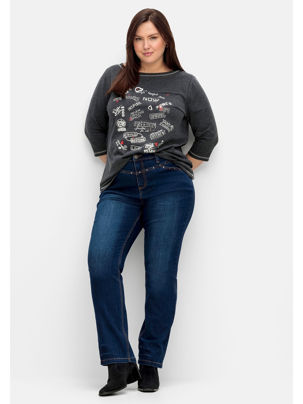 an | Stretch-Jeans Bund bestellen Größen«, und Taschen »Große mit für Sheego BAUR Nieten