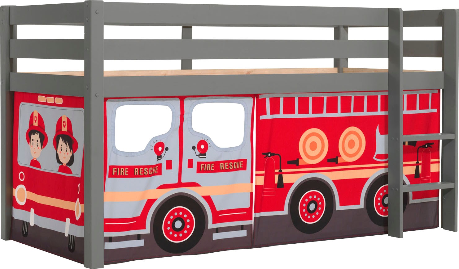 Spielbett VIPACK, B:105,4cm H:114cm L:209,4cm, grau, Kinderzimmer, Betten, "Pino, Kiefer massiv, mit Rolllattenrost u. Textil-Set, Made in Europe",