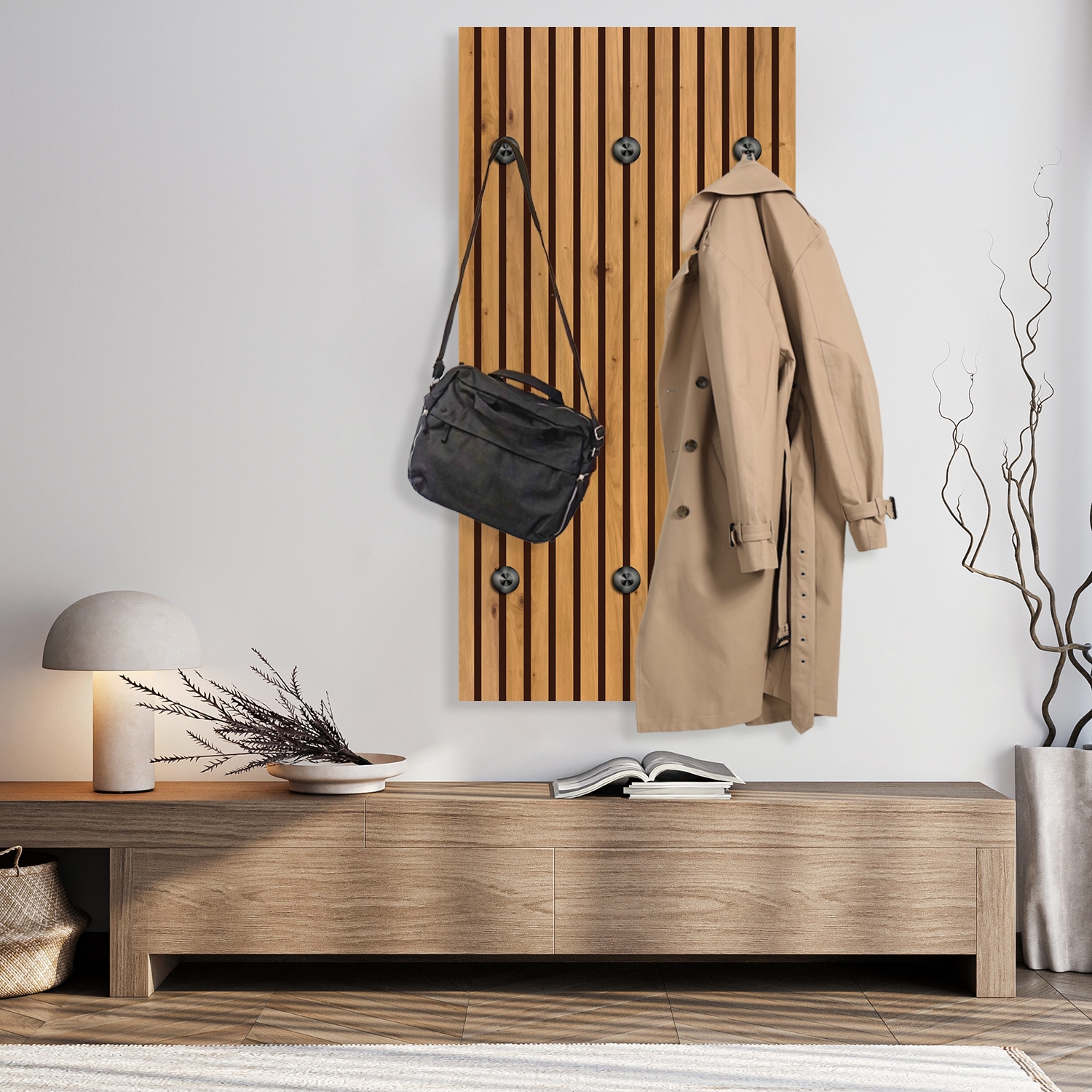 queence Wandgarderobe »Paneel Holz Optik« 1 Stk. tlg. Wandpaneel aus Acrylglas inkl. 6 Edelstahlhaken in schwarz matt