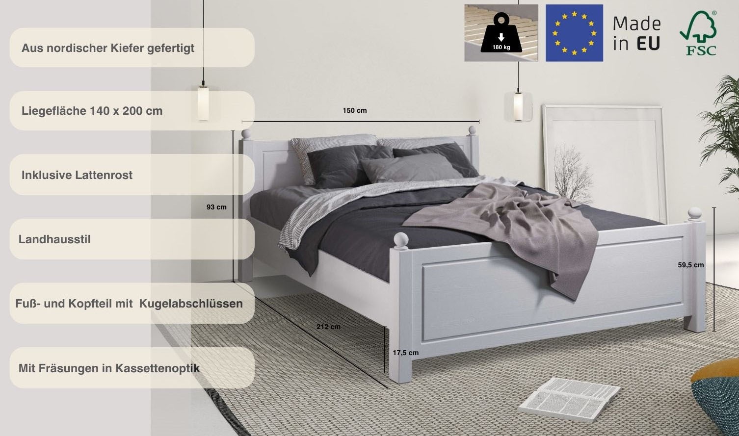 Home affaire Massivholzbett »Mila, hohe Belastbarkeit Jugendbett,! FSC® zertifiziertes Massivholz«, (Breite/Belastbarkeit 180cm/220 KG, 140cm/180 KG, 90cm/=120 KG), aus massiver Kiefer, inklusive Lattenrost