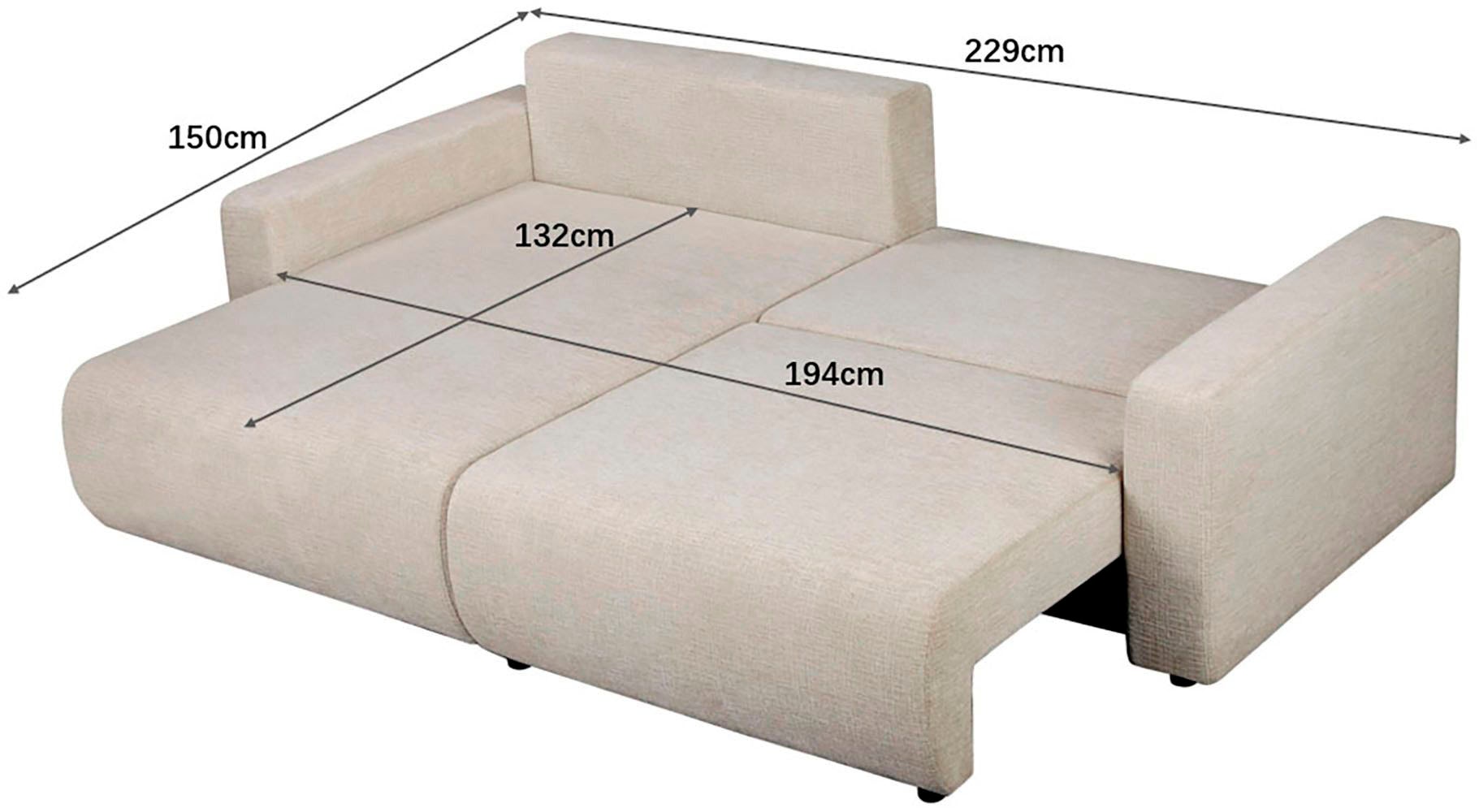 OTTO home Ecksofa »TILLIE L-Form, 229 cm - OTTO. Verlässliche Qualität.« Schlaffunktion (132/194), Bettkasten, Struktur-Bezug