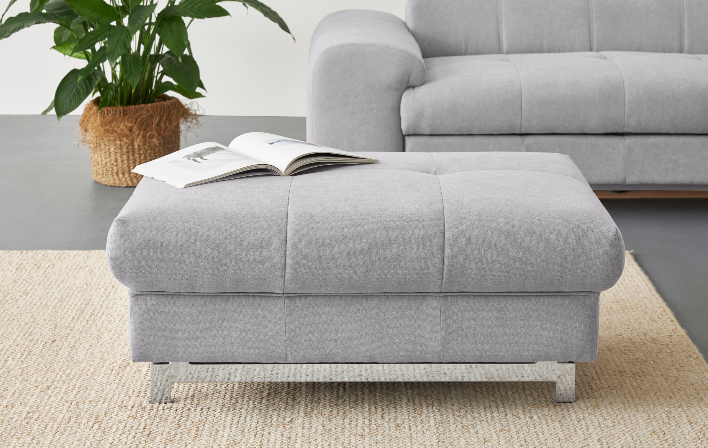 Hocker COTTA, B:100cm H:46cm T:65cm, grau, 100% Polyester, Büro, Hocker, "Chef", mit edlen Metallfüßen