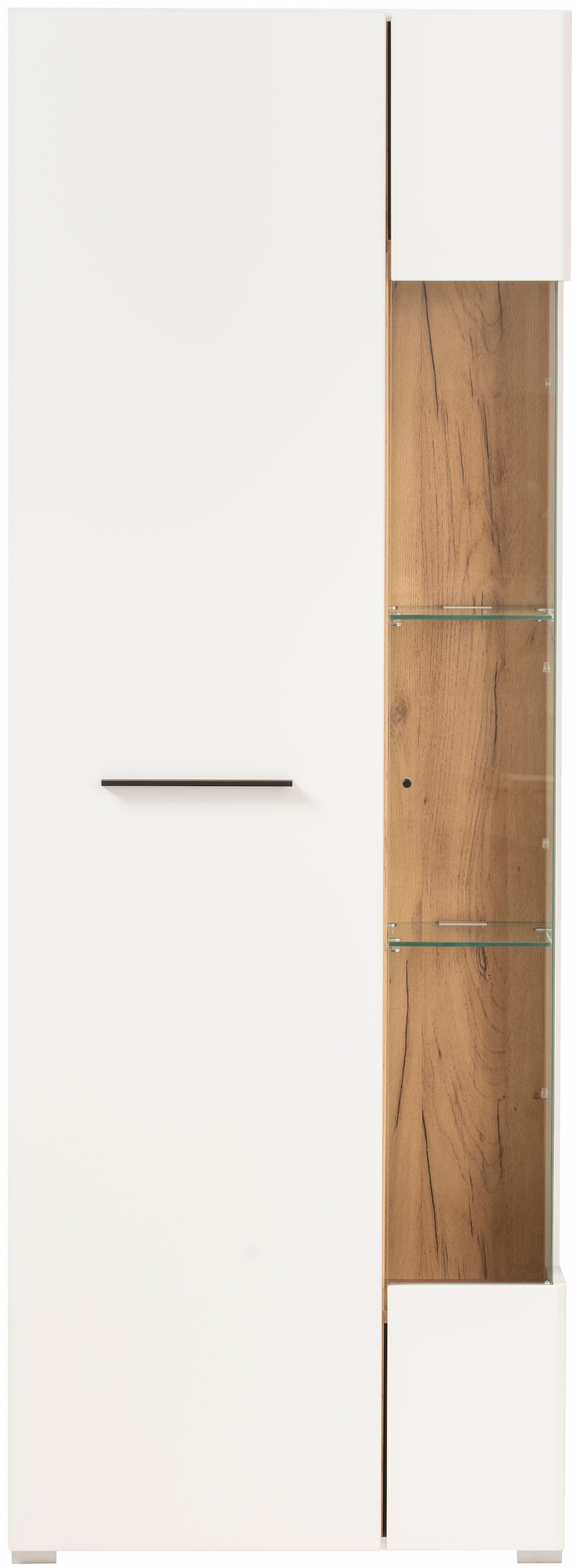INOSIGN Vitrine »Salerno Hochschrank, Glasvitrine, Weiß mit Eiche Evoke Dekor, modern.«, Metallgriffe, ausreichend Stauraum, vielseitig einsetzbar, 72 cm breit