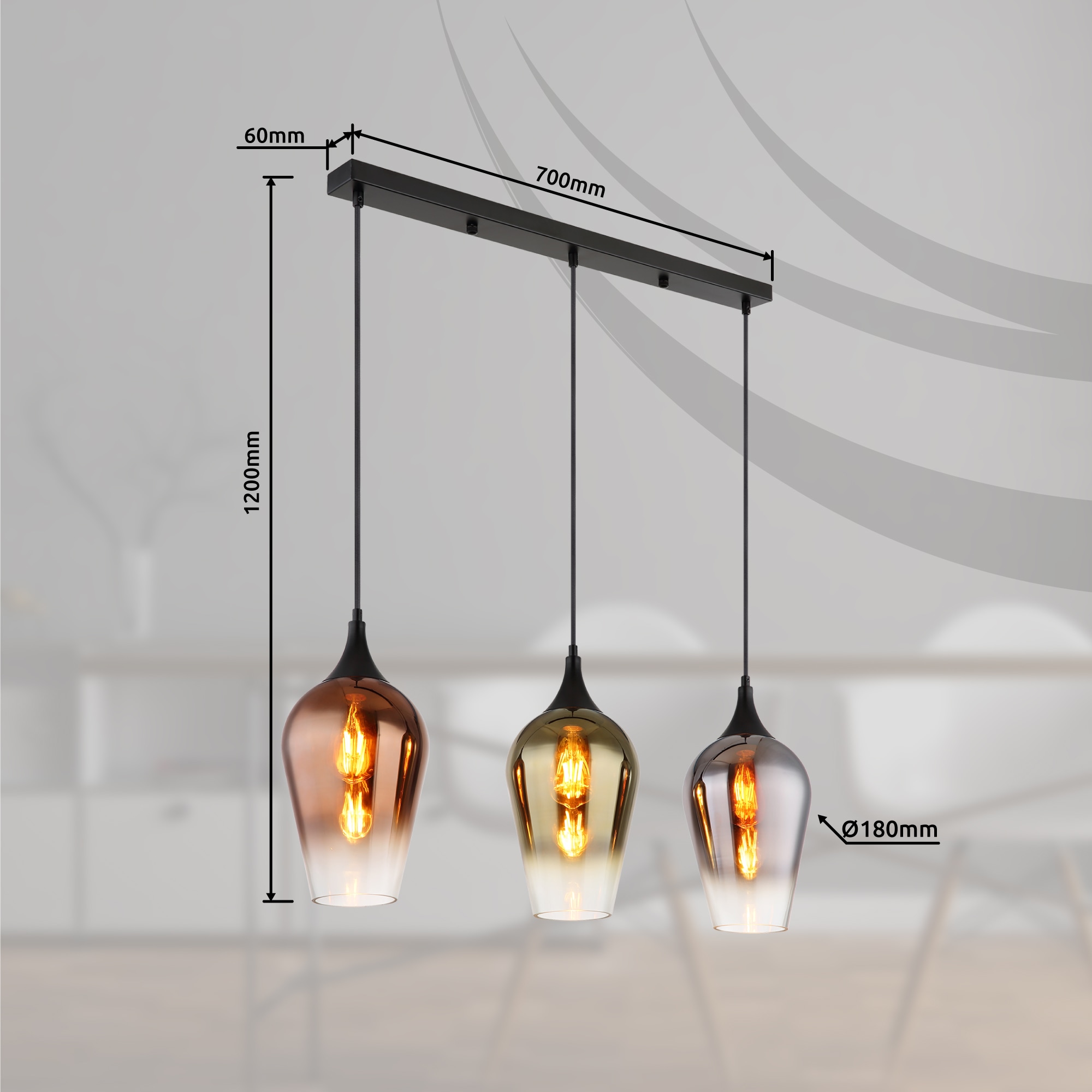 GLOBO LIGHTING Hängeleuchte »LAVUS«, Leuchtmittel E27 | ohne Leuchtmittel, Hängelampe/Pendelleuchte/Glas kupferfarben/Höhe kürzbar/Esstisch