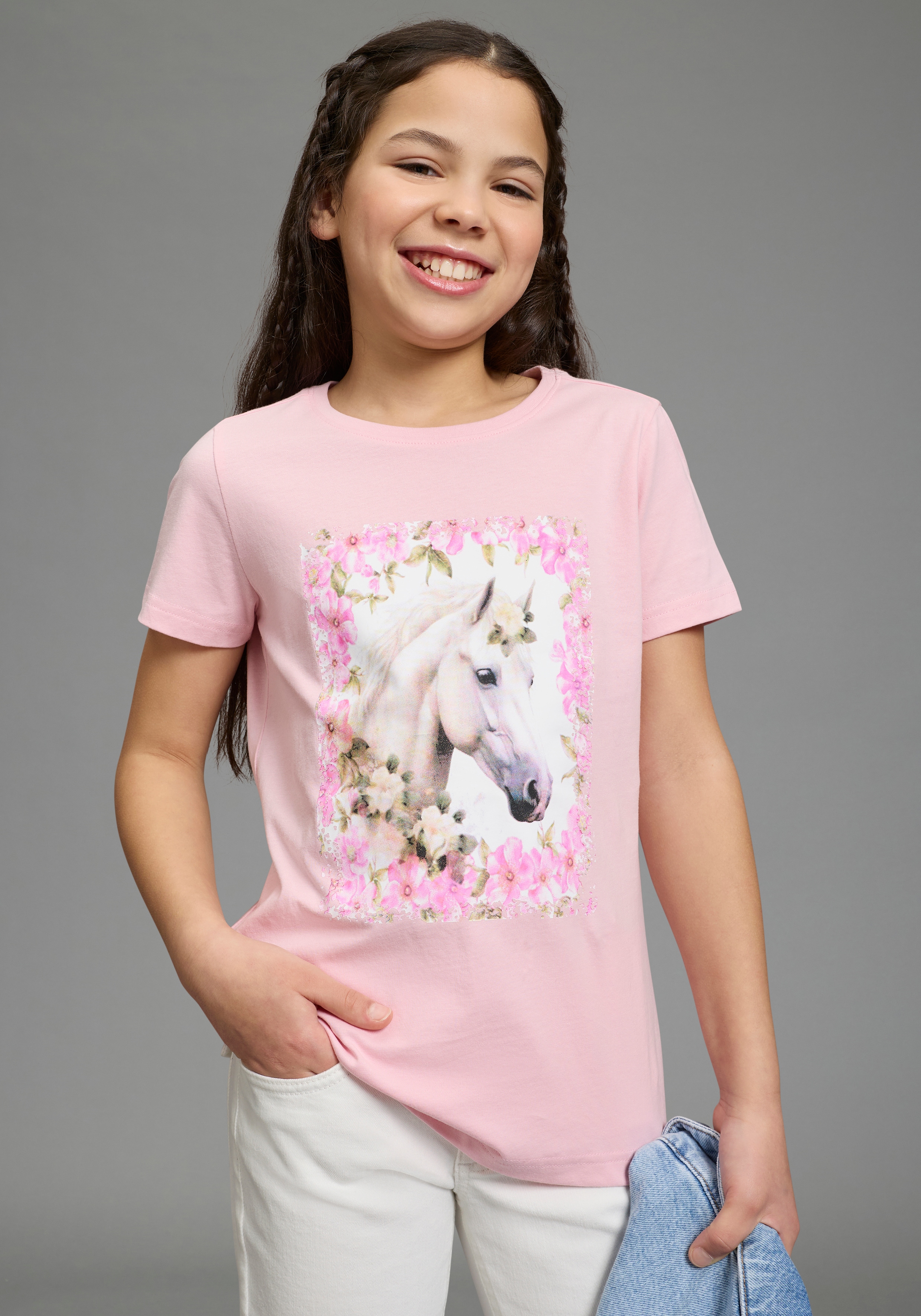 KIDSWORLD T-Shirt "Süßer Pferde-Fotodruck" für Mädchen, Kurzarm, mit Rundhalsausschnitt, mit coolem Druck