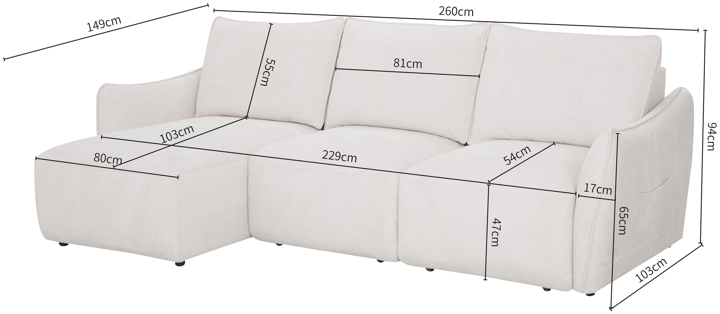 OTTO home Ecksofa »FEENY Schlafsofa (260 cm) elektr. Sitztiefenverstellung in 2 Sitzen« Sitze einzeln verstellbar, weicher Webstoff