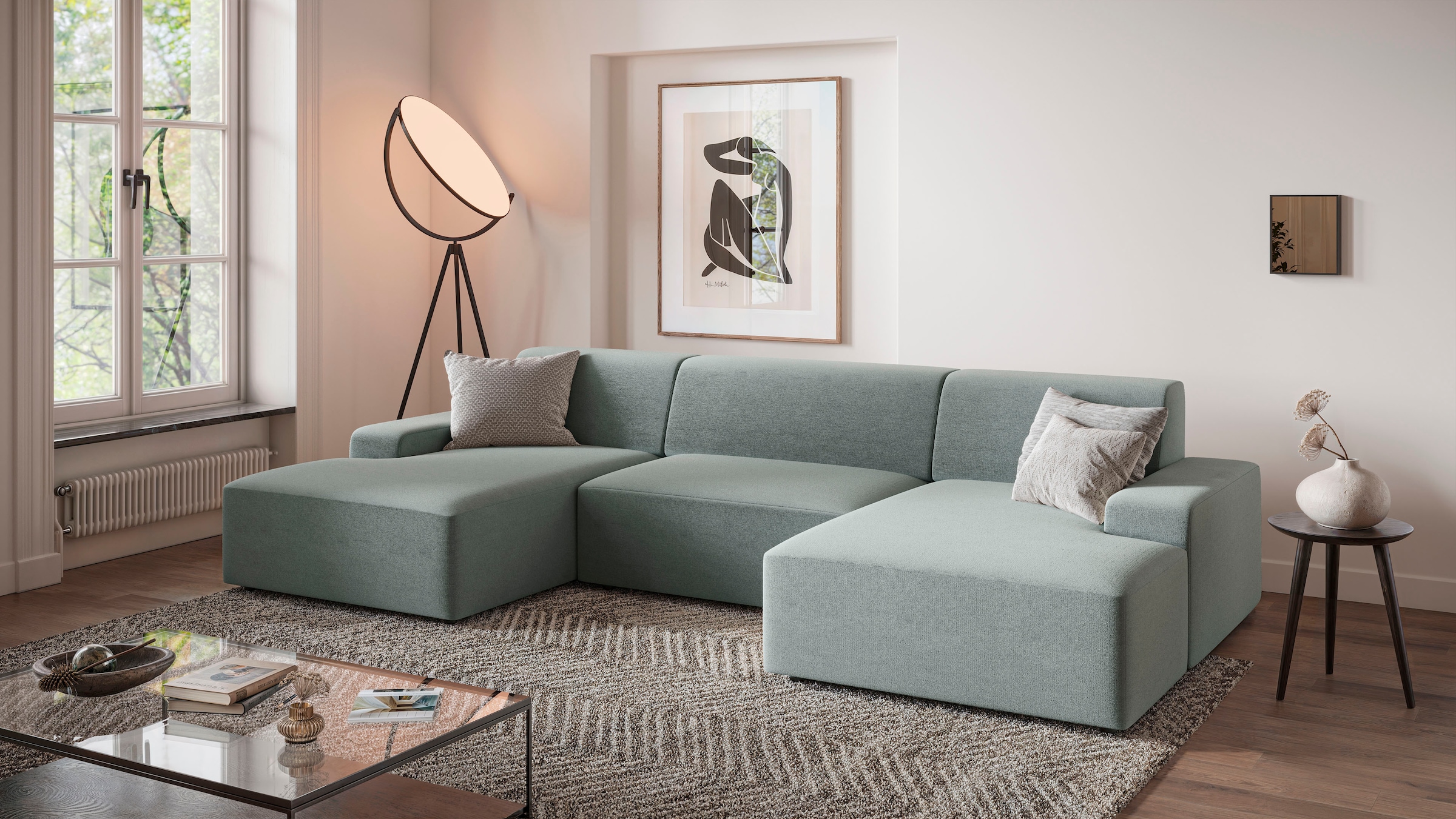 TRENDMANUFAKTUR Wohnlandschaft "Wien, wahlweise mit Sitzvorschub und Bettkasten, Breite 329 cm" U-Form, in trendigem Cordstoff