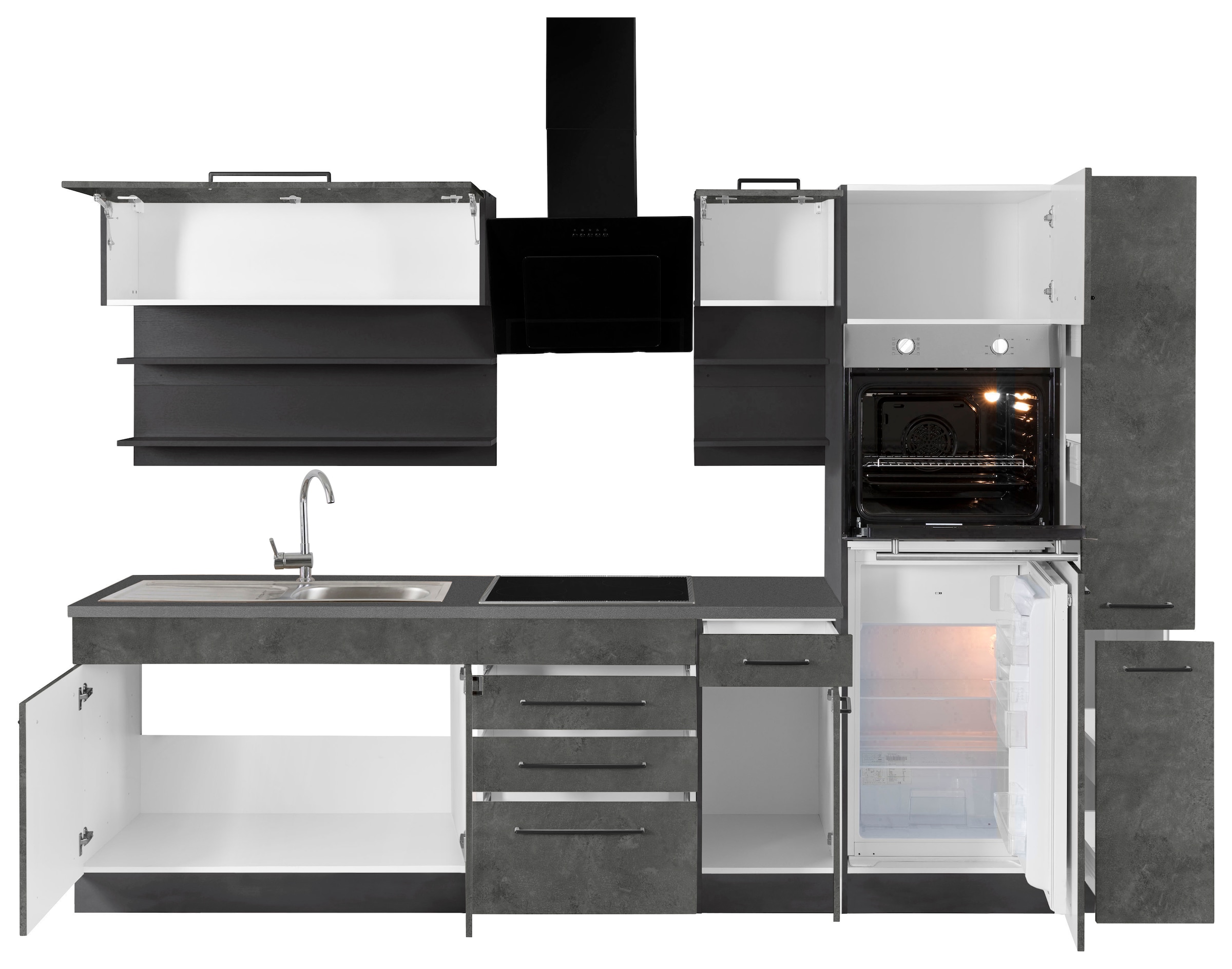 KOCHSTATION Küchenzeile »KS-Tulsa«, mit E-Geräten, Breite 300 cm, schwarze Metallgriffe, MDF Fronten