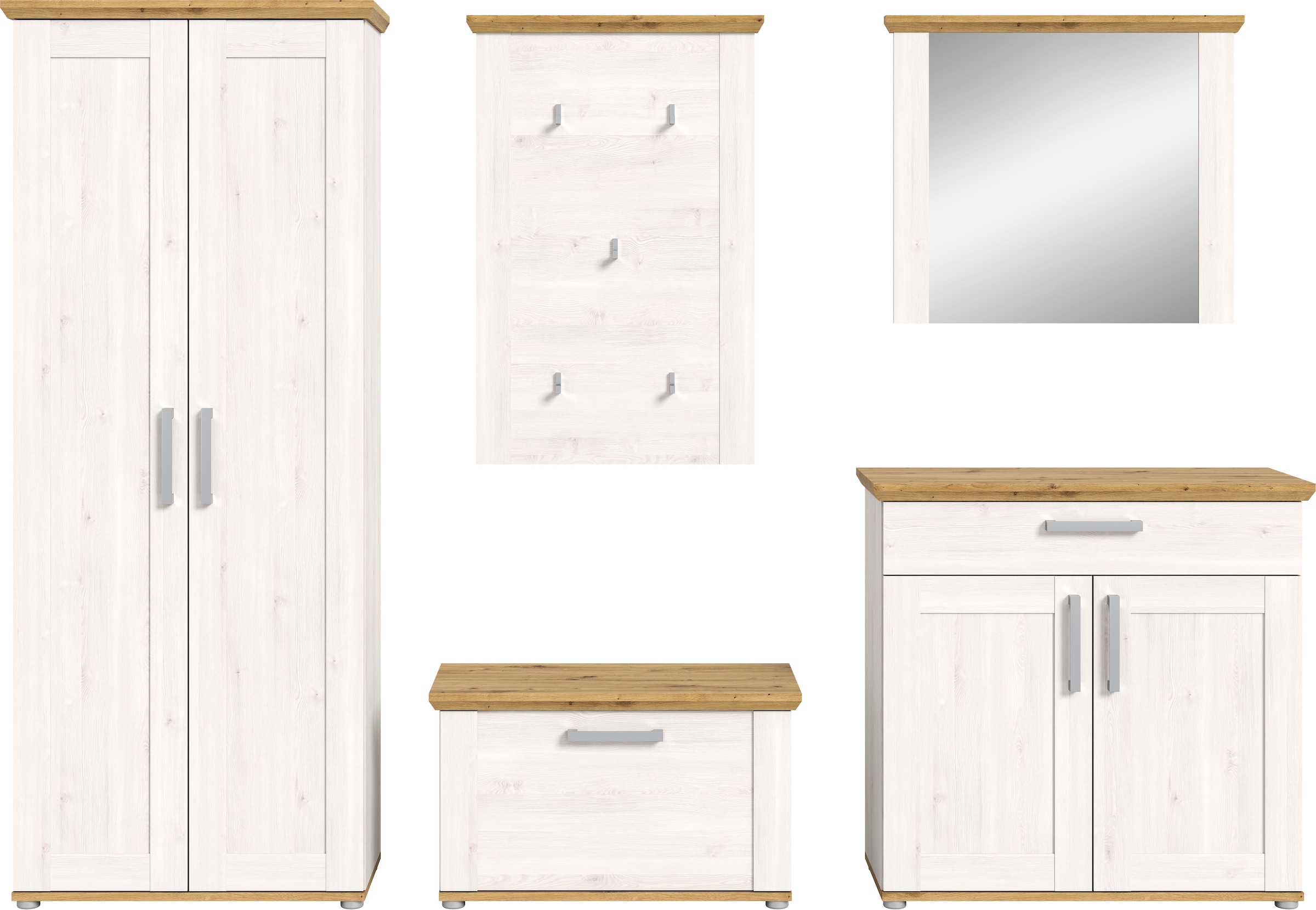 Home affaire Garderoben-Set »Cosenza, Breite ca. 285 cm, 2-farbig, 5-teilig, bestehend aus:«, (5 St.), Garderobenschrank, Sitzbank, Garderobenpaneel, Schuhschrank, Spiegel