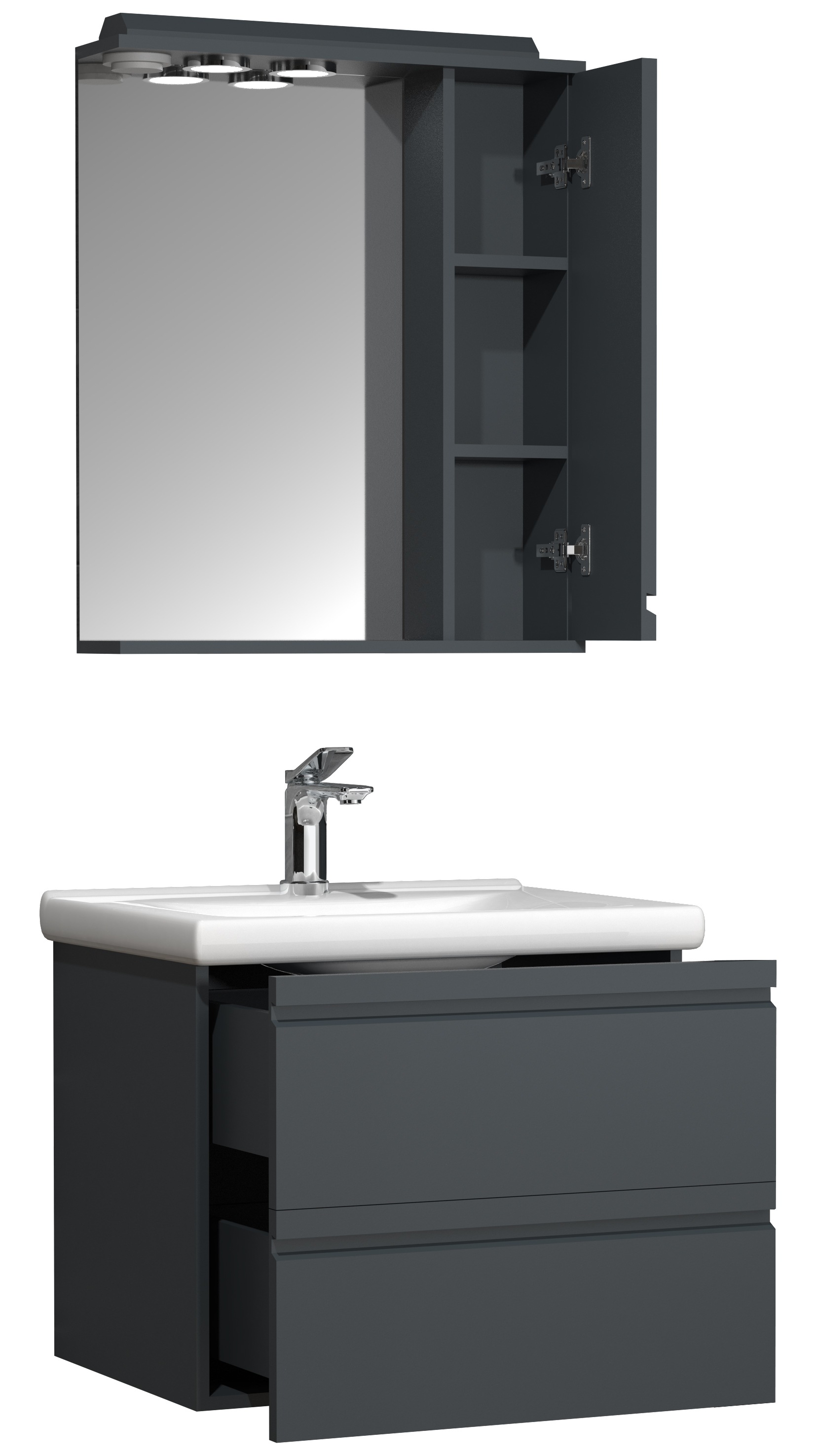 VCM Waschbeckenunterschrank »VCM 3-tlg. Waschplatz Waschtisch 60 cm Badmöbel Set Waschbecken grifflose Schublade Spiegelschrank Silora L«, (3 St.)