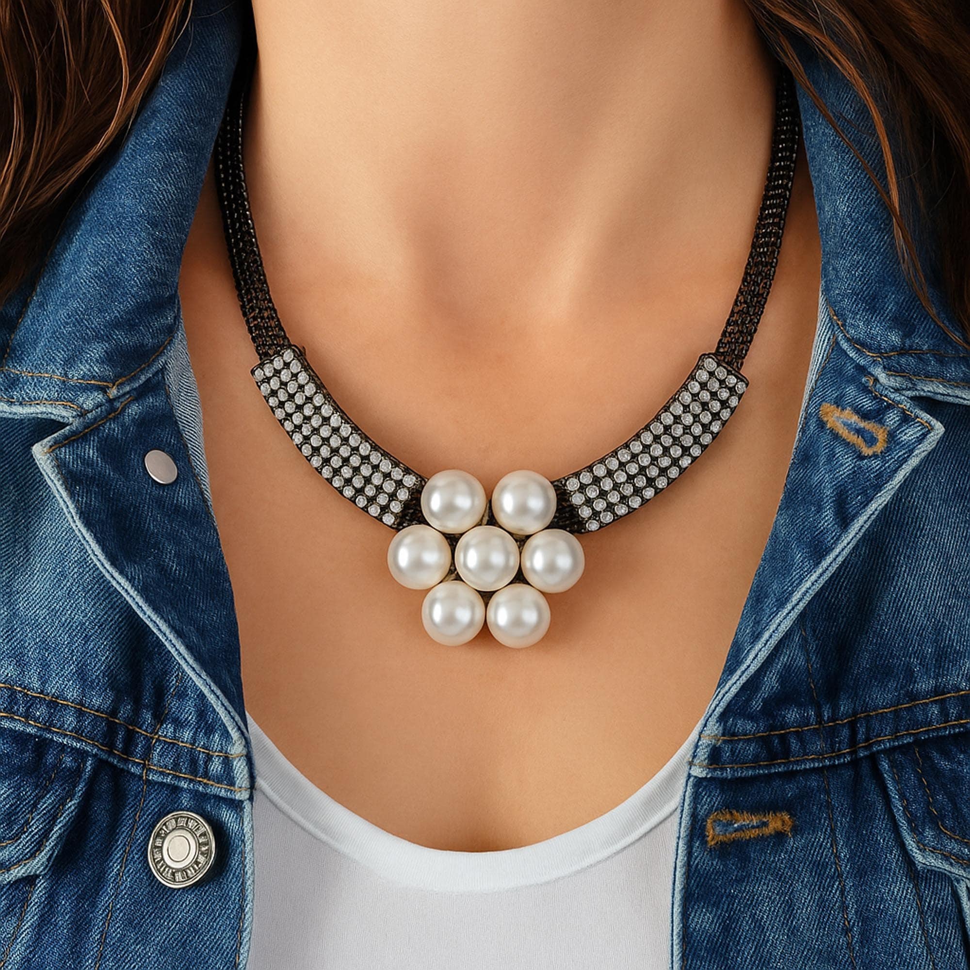 Steuer Kette mit Anhänger »Metall Geschwärzt Glasstein Perle weiß«