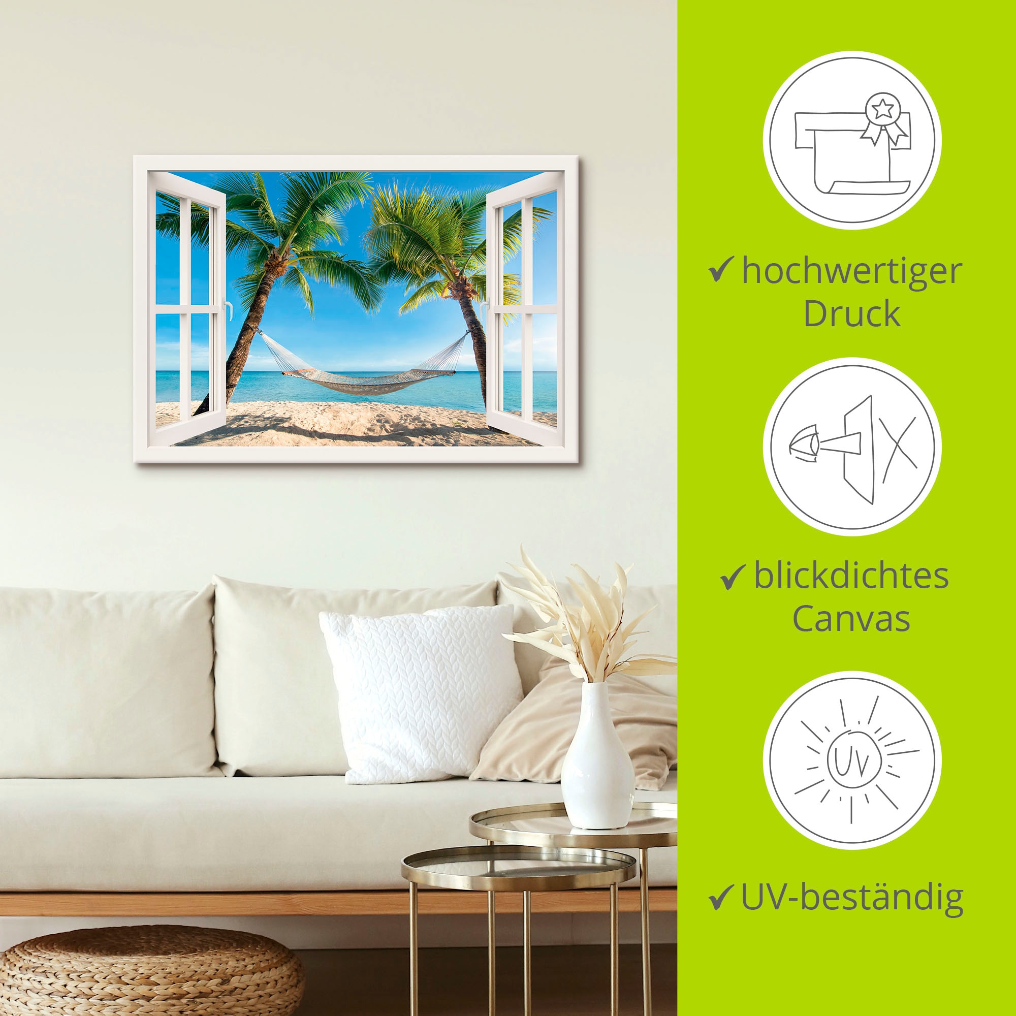 Artland Wandbild »Fensterblick Palmenstrand Karibik«, Amerika, (1 St.), als Alubild, Outdoorbild, Leinwandbild, Poster, Wandaufkleber