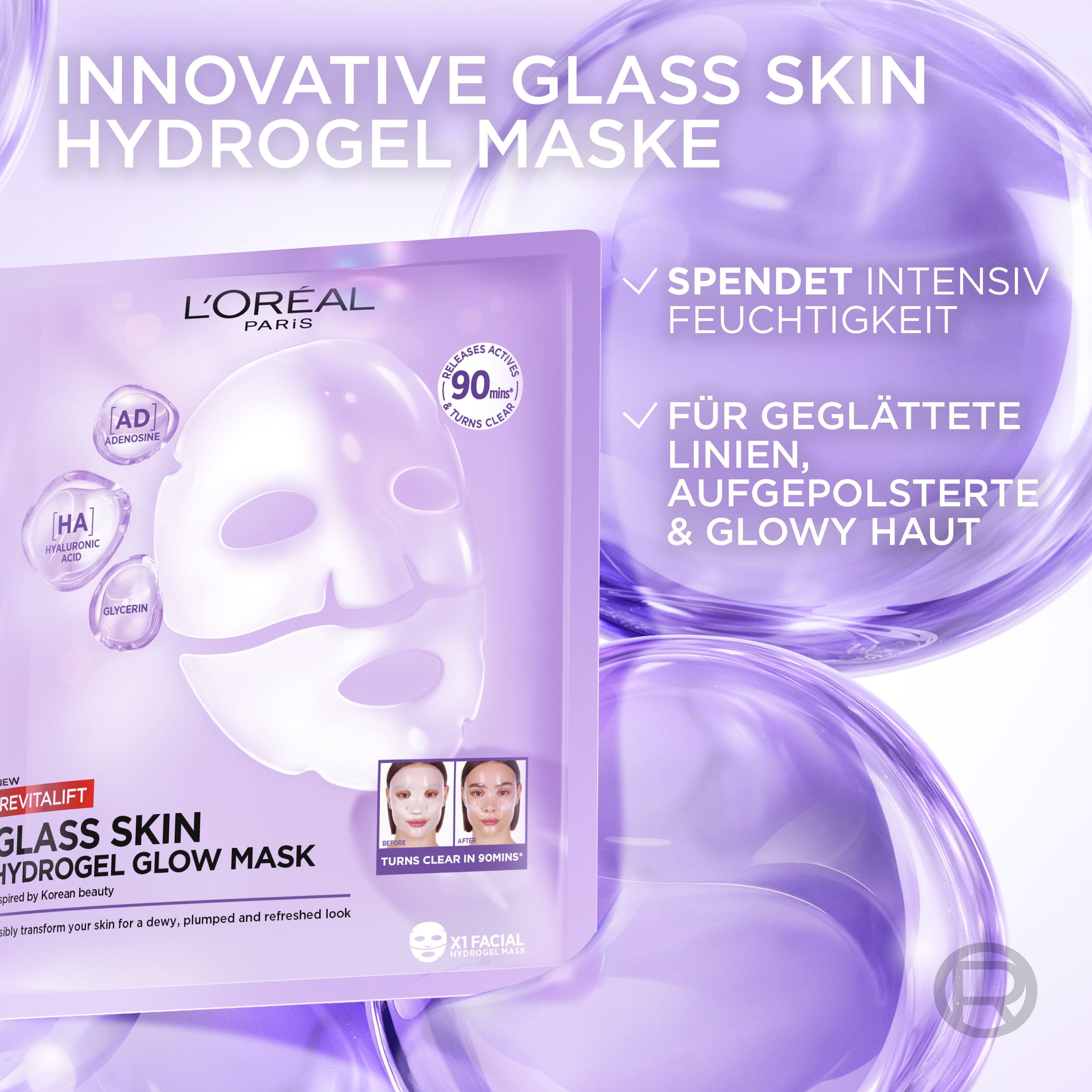 L'ORÉAL PARIS Gesichtsmaske »GLASS SKIN HYDROGEL GLOW MASK« für aufgepolsterte & glowy Haut