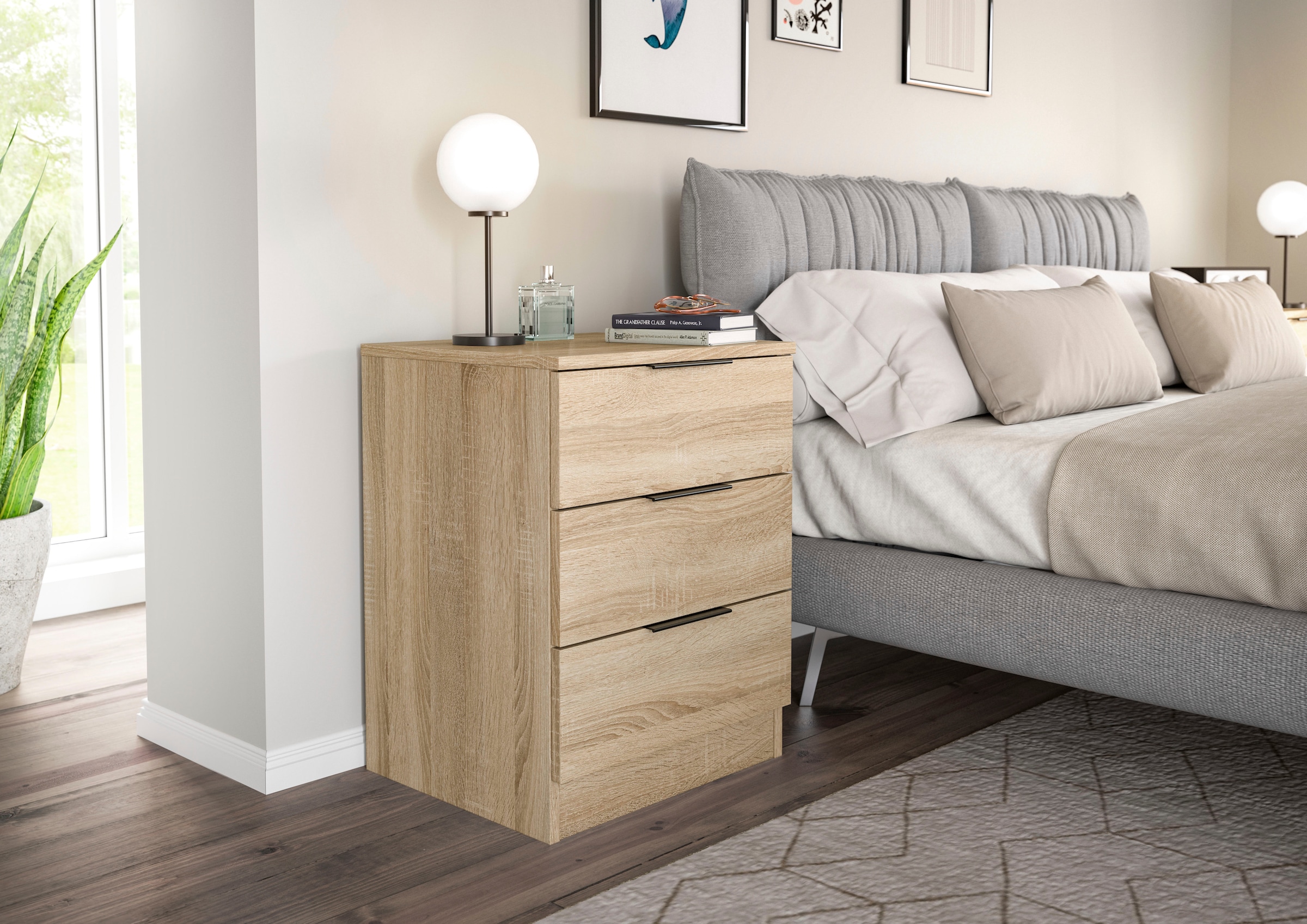 Home affaire Nachtkommode »Skarde Nachttisch Beistelltisch Kommode, Breite: 45 cm«, (1 St.), Skarde, Nachtkommode, 3 Schubkästen, Sonoma Eiche NB