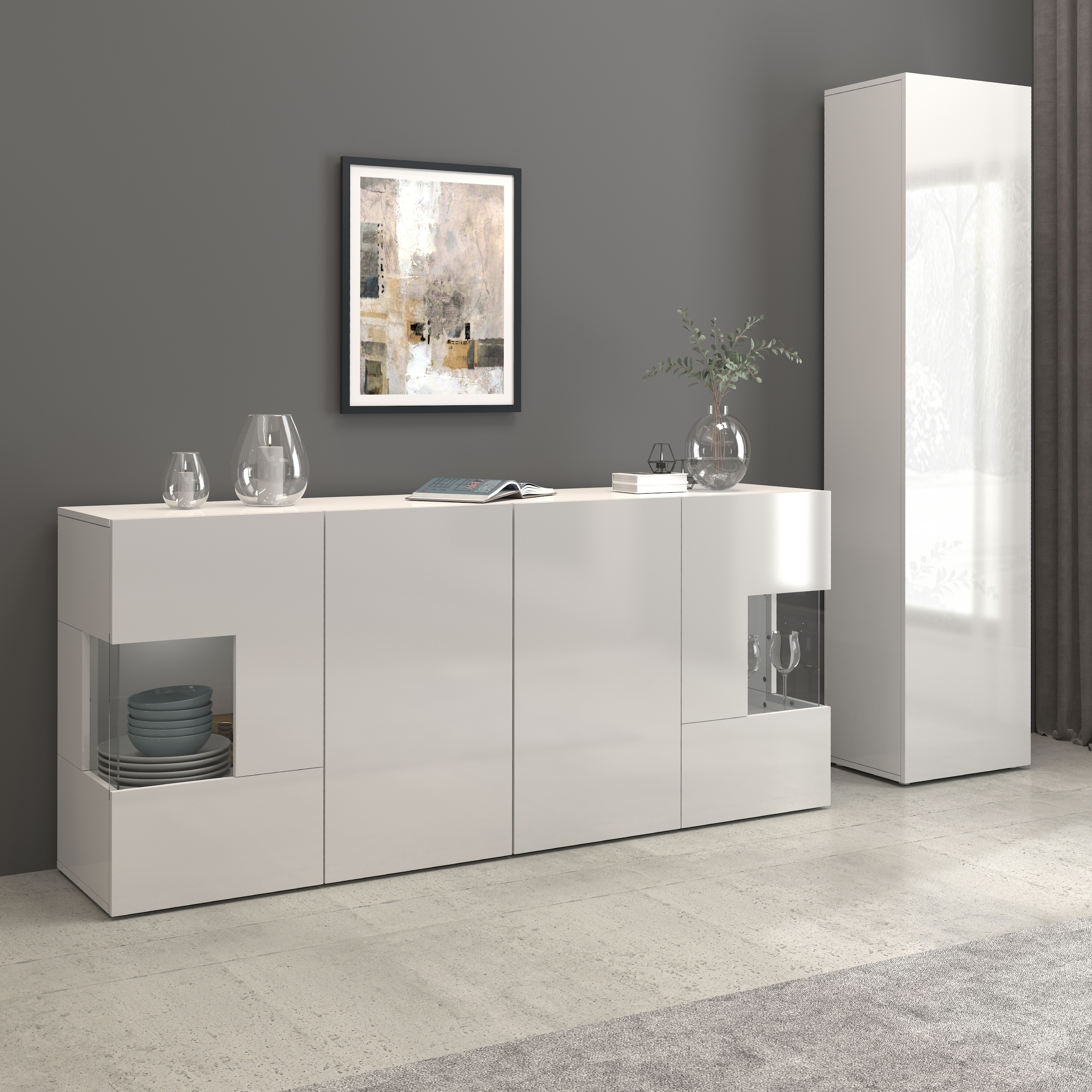 INOSIGN Sideboard »Egypt, Kommode, Schrank, Kredenz, Vitrine grifflos«, 4 Türen davon 2 mit Glaseinsatz, kompl. Hochglanz lackiert, Breite 180
