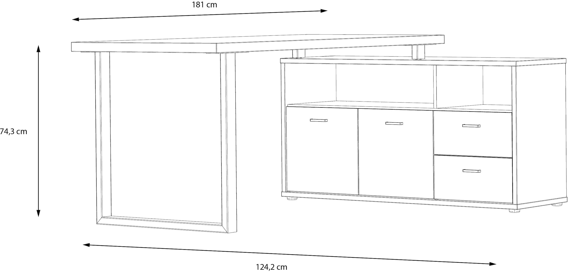 FORTE Eckschreibtisch »Goldsboro«, mit 2 Schubladen & Türen, Metallkufe & -griffe in schwarz, 124x181 cm