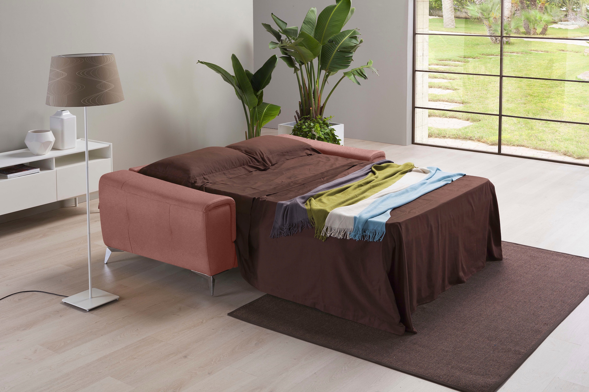 Egoitaliano Schlafsofa »Francine, Designsofa, Loungesofa mit Dauerschlaffunktion, Bettfunktion«, hochwertiger Metallbettrahmen & Matratze, Kopfteil manuell verstellbar