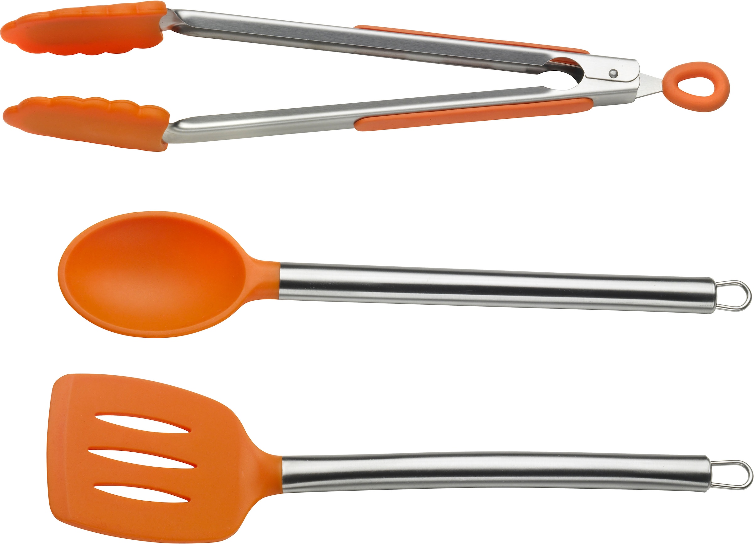 PINTINOX Kochbesteck-Set "Pinti Silicone Orange", (Set, 3 tlg.), (Servierlöffel, Bratenwender, Zange), Edelstahl/Silikon