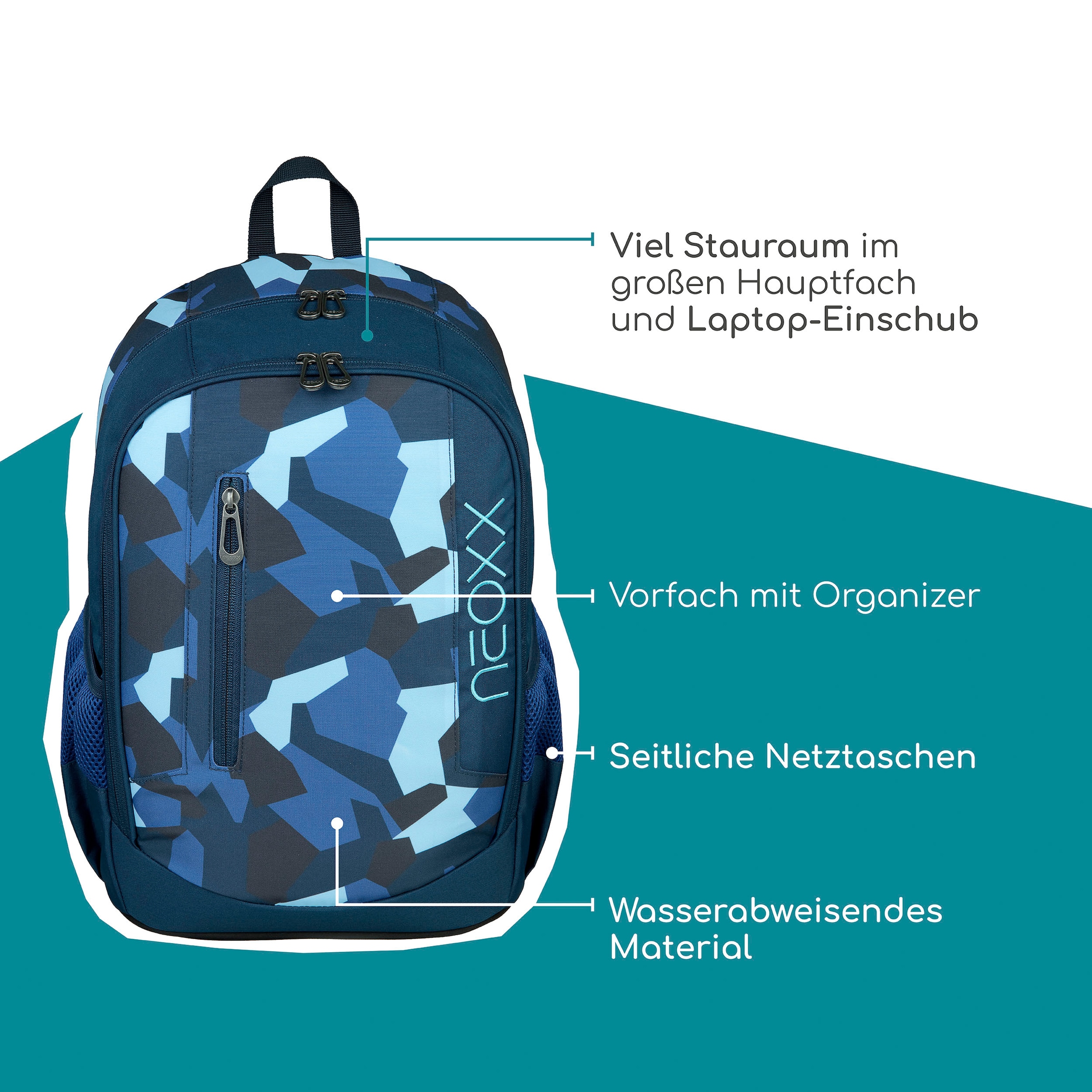 neoxx Schulrucksack »Flow, Camo Nation«, teilweise aus recyceltem Material