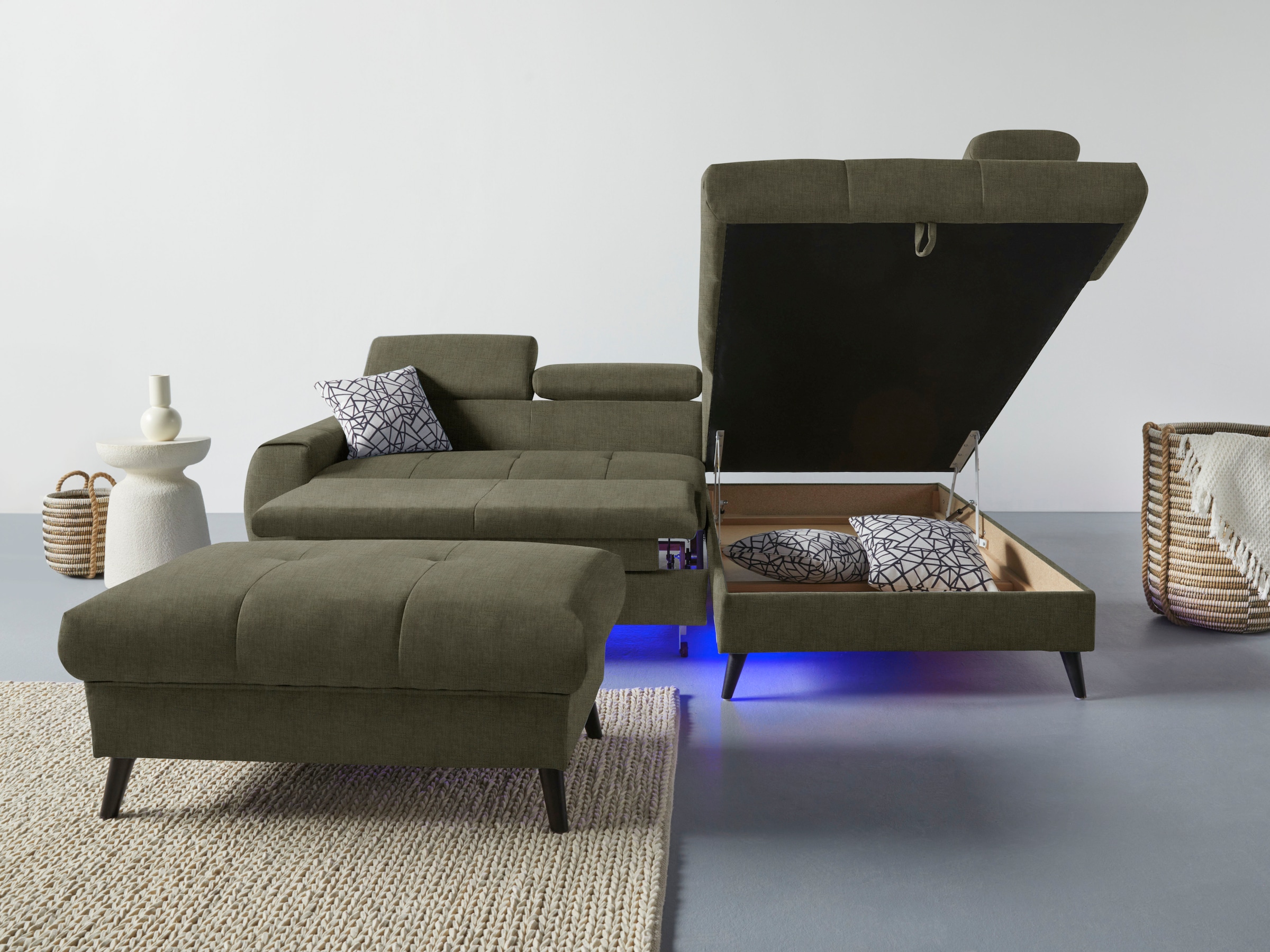 COTTA Ecksofa »Mia L-Form mit 3 Zierkissen«, wahlweise mit Bettfunktion, Bettkasten, Beleuchtung & Wireless-Charger