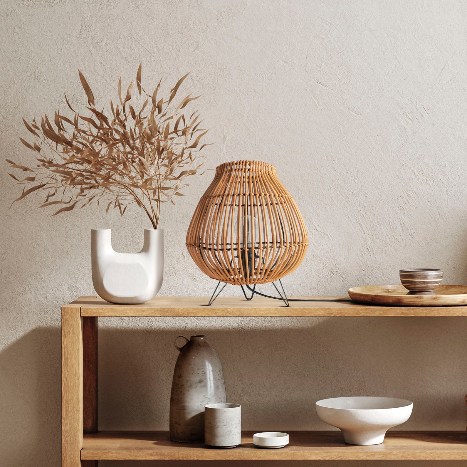 Home E27 »PURI«, Tischleuchte Paco BAUR LED | Boho Korblampe Nacht Rattan Dreibein