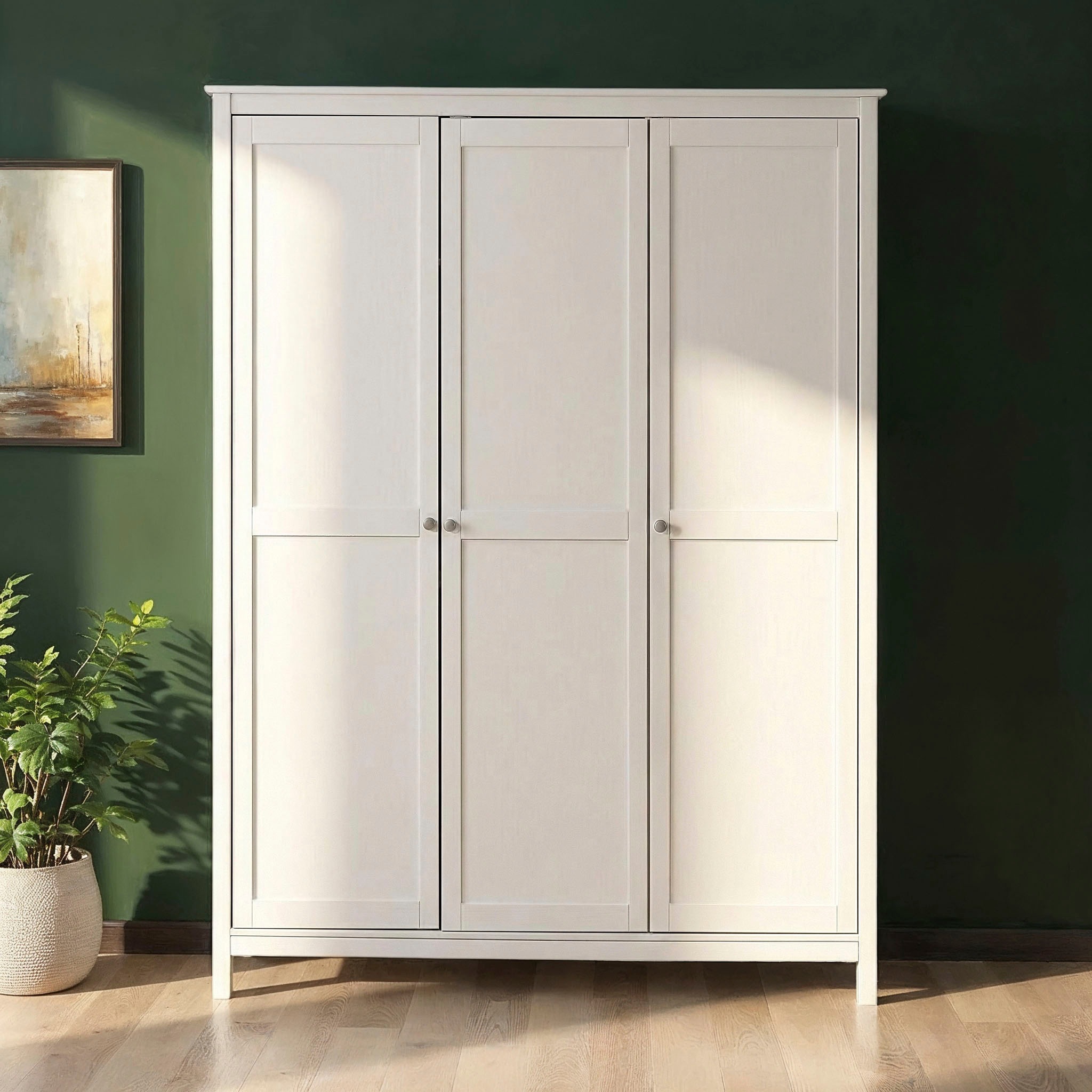 Tommy Jeans Kleiderschrank »Pinora, 3 Türen, Kiefer Massivholz Weiss, Silberne Metallgriffe« 1 Stk. tlg. Inkl. Kleiderstange & Einlegeböden, Skandi Look, 155 x 60 x 210 cm