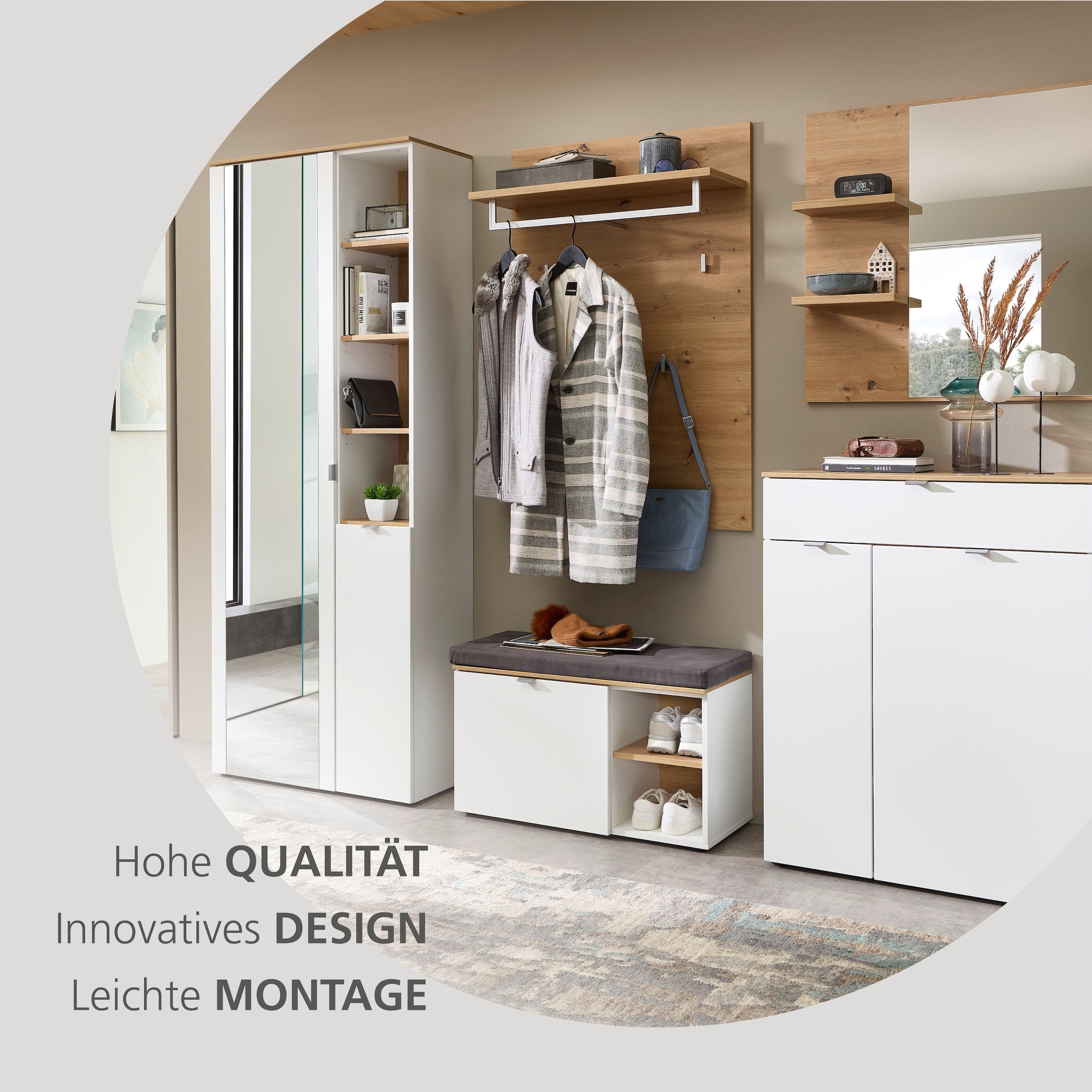 Innostyle Garderobenschrank »BARI Garderobenschrank mit Spiegel, BxHxT 78x202x38 cm«, (1 St.), 2 türig, 10 Fächer, Softclose, ABS Kantenschutz, Kleiderstange