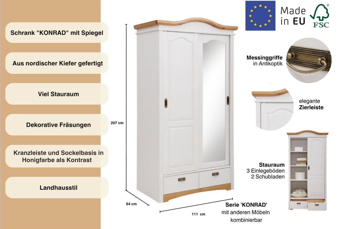 Thumbnail - Home affaire Schiebetürenschrank "Konrad", (B/H/T ca. 111/207/64 cm), Breite 111 cm, aus massiver, FSC-zertifizierter Ki...
