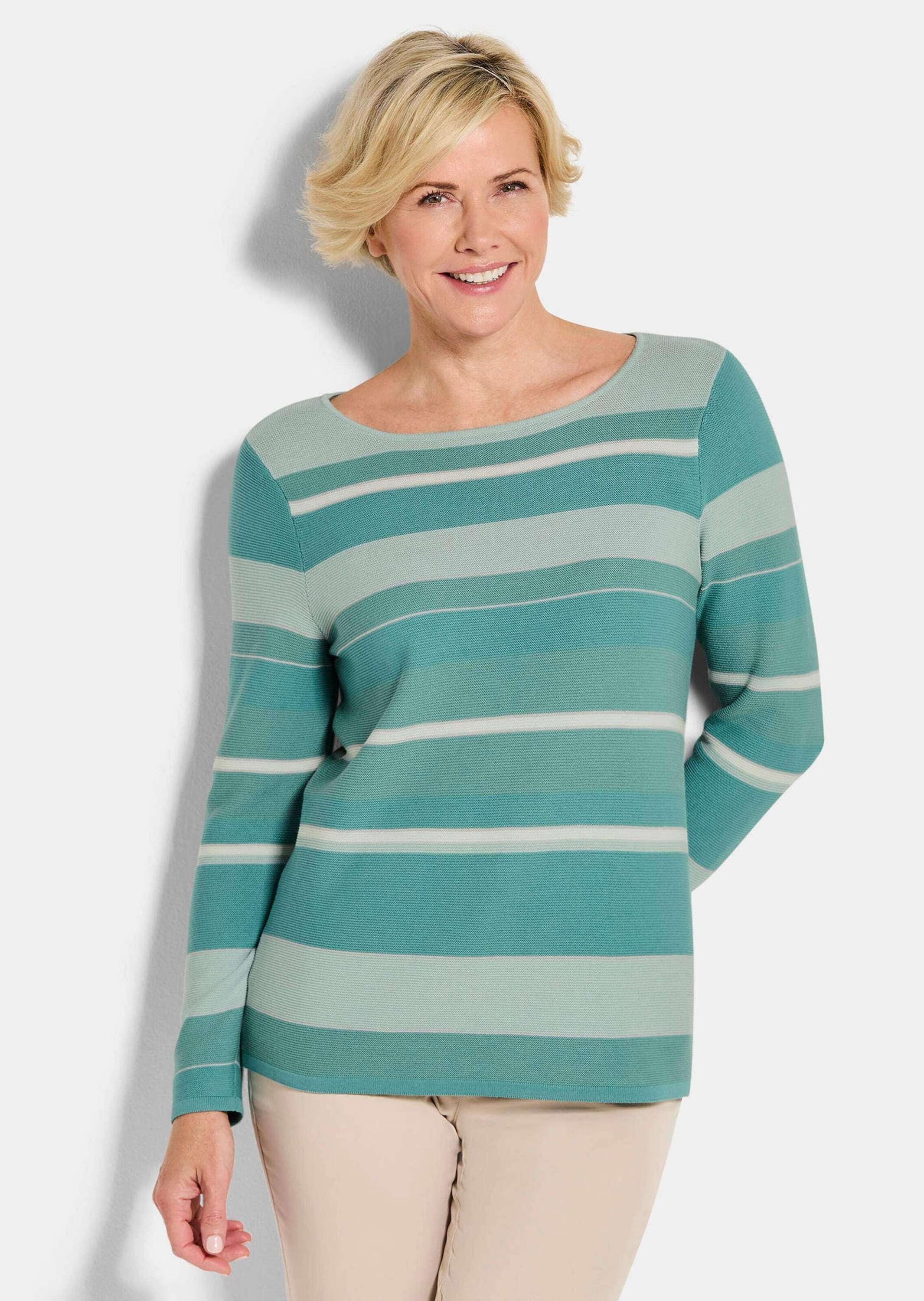 Rundhalspullover GOLDNER "Strickpullover im Ringel-Look", Damen, Gr. 54, grün (salbei, gemustert), Obermaterial: 50% Baumwolle CO. 50% Polyacryl PAN., figurumspielend, Pullover Rundhalspullover, farbharmonischer Ringelablauf 2