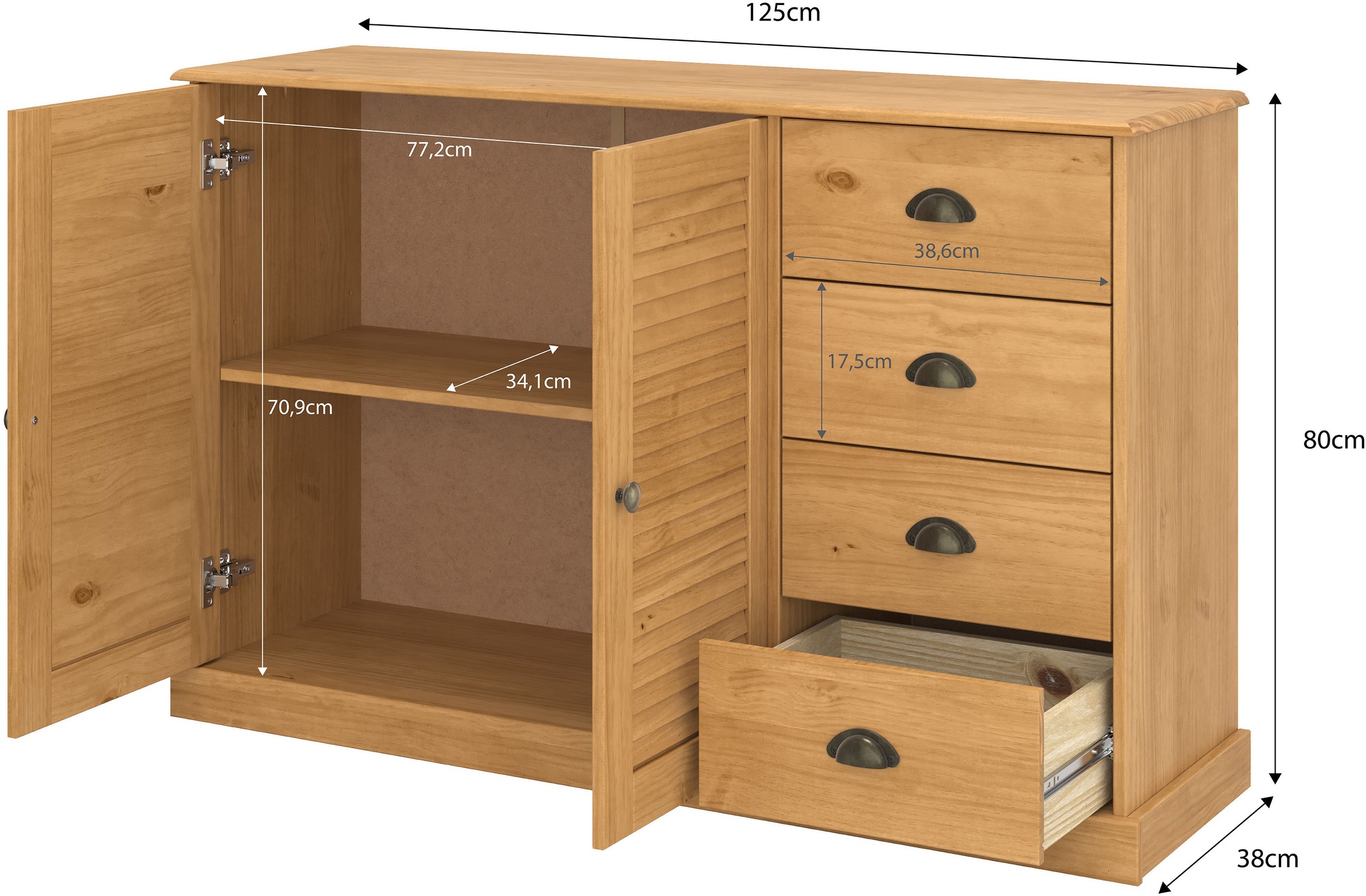 OTTO home Sideboard »Turia, mit Lamellentüren« Kommode aus massivem Kiefernholz, FSC®, 4 Schubkasten, Breite 125 cm