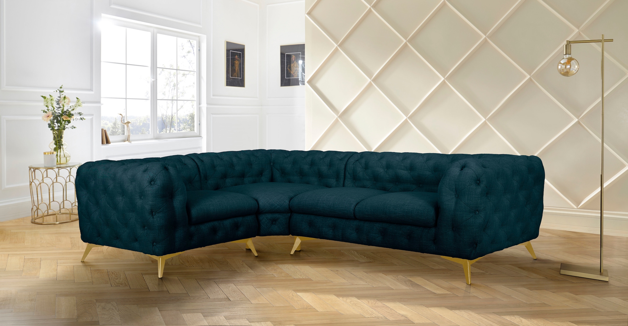 Leonique Chesterfield-Sofa »Ecksofa GLYNIS L-Form mit Wellenunterfederung, Maße B/T/H 264/204/75cm«, aufwändige Knopfheftung, moderne Chesterfield Optik, Fußfarbe wählbar