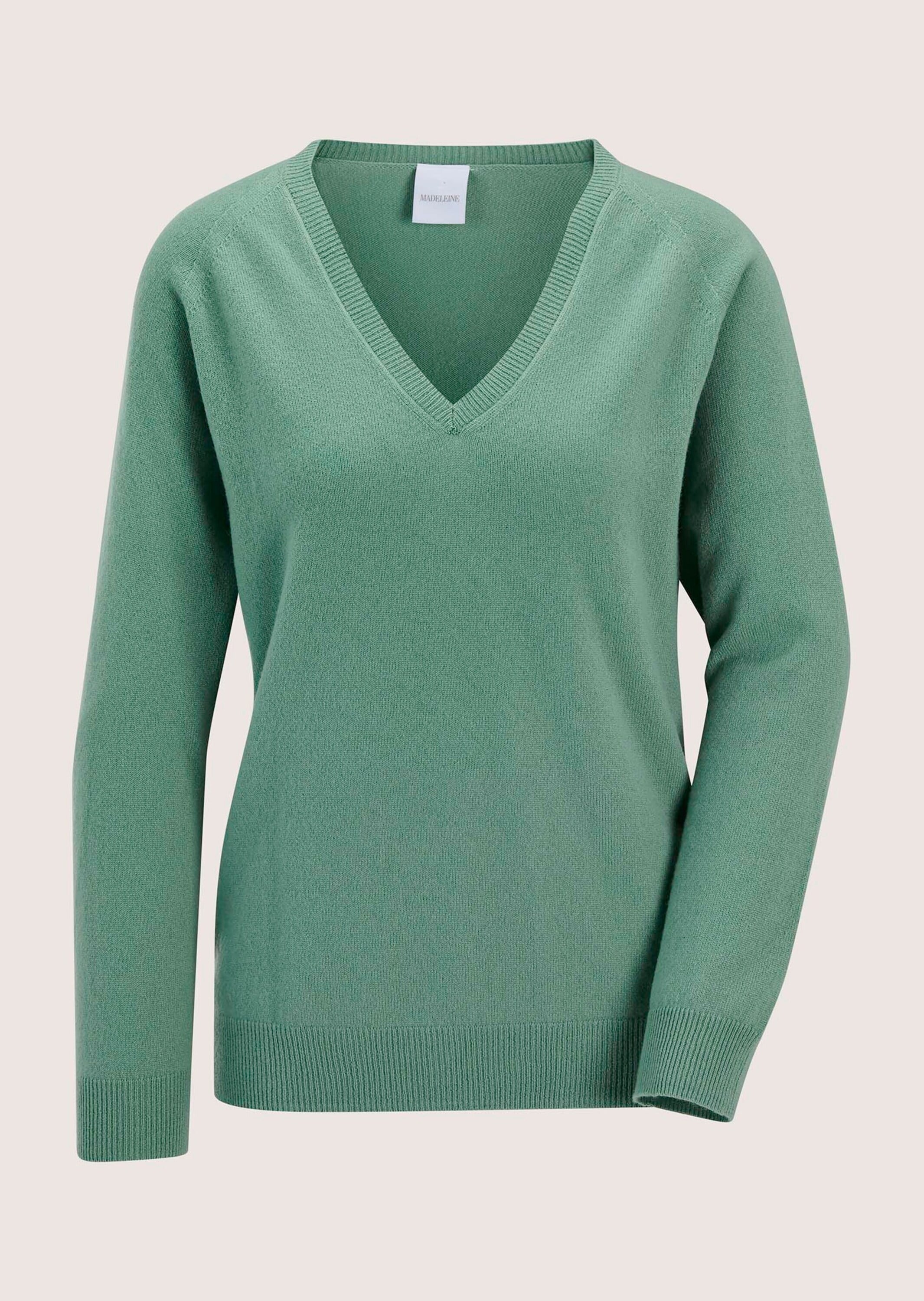 Longpullover MADELEINE "Kaschmirpullover Casual Strickpullover mit V-Ausschnitt", Damen, Gr. 34, grün (hellsalbeigrün), Obermaterial: 100% Kaschmir WS., Modern, Pullover Longpullover, Reines Kaschmir