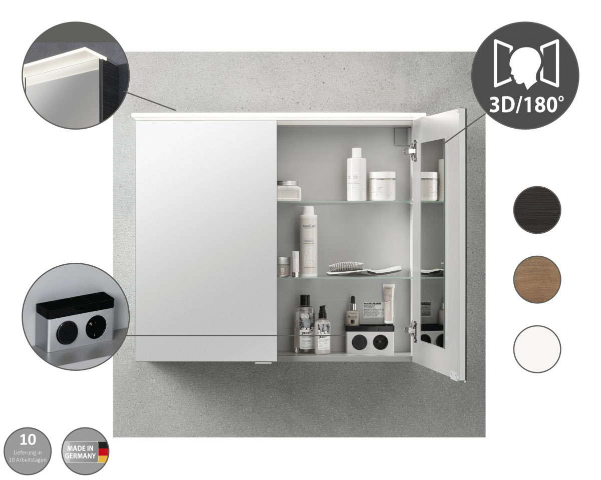 Thumbnail - FACKELMANN Spiegelschrank "PE 80 - Dark-Oak", Badmöbel Breite 80 cm, 2 Türen, doppelseitig verspiegelt
