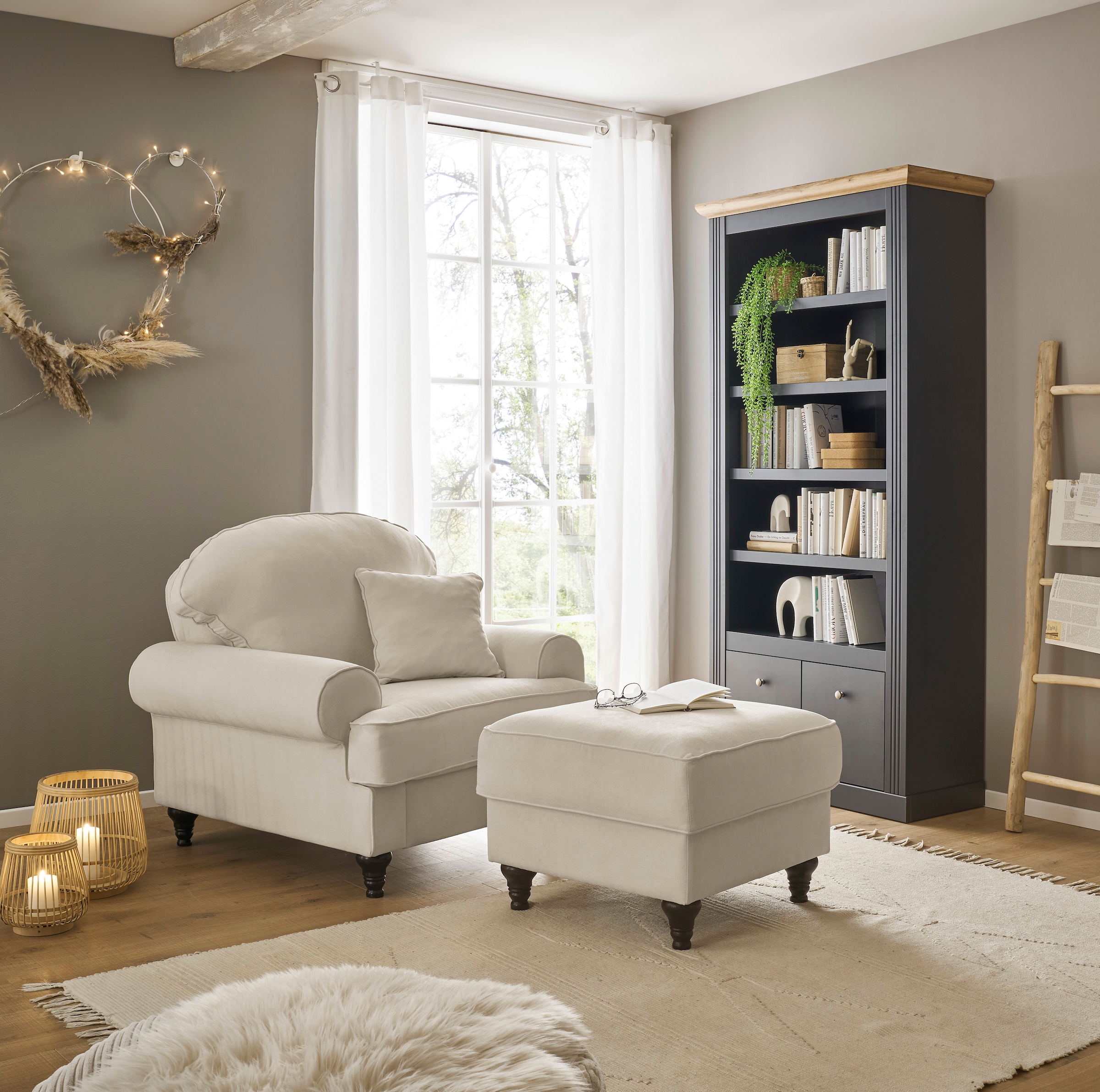 OTTO home Sessel »Westminster, Set in hochwertigem Microfaserbezug, 5 Farben verfügbar« Set, 1Sessel, 1 Hocker, 2 Stk. tlg. Enthält Sessel & Hocker, Federkern-Polsterung, gedrechselter Fuß