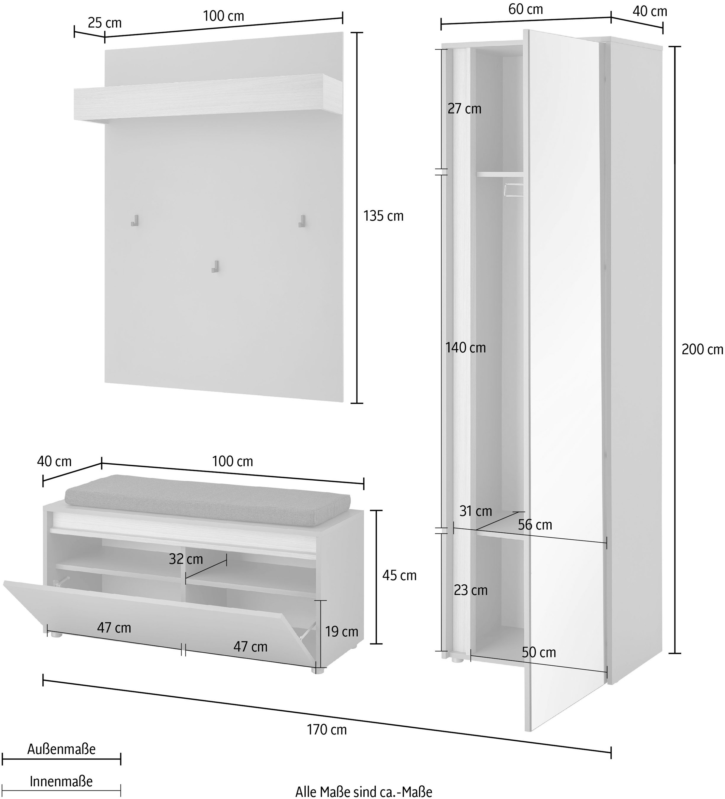 INOSIGN Garderoben-Set »GIRON/CiTY, moderne Garderobe, Komplettset mit viel Stauraum«, (Komplett-Set, 3 St.), enthält Garderobenschrank, Paneel, Schuhbank inkl. Sitzkissen