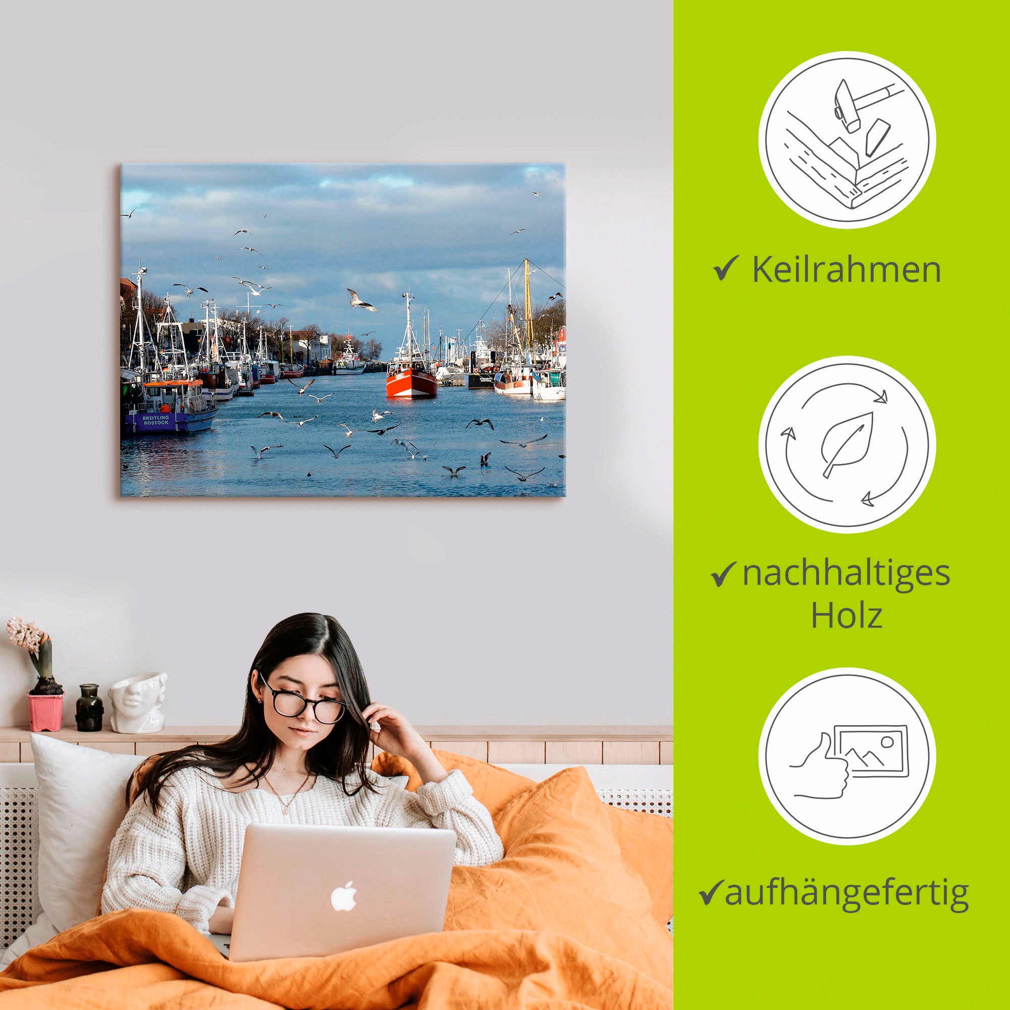 Artland Leinwandbild »Alter Strom in Warnemünde«, Boote & Schiffe, (1 St.), auf Keilrahmen gespannt