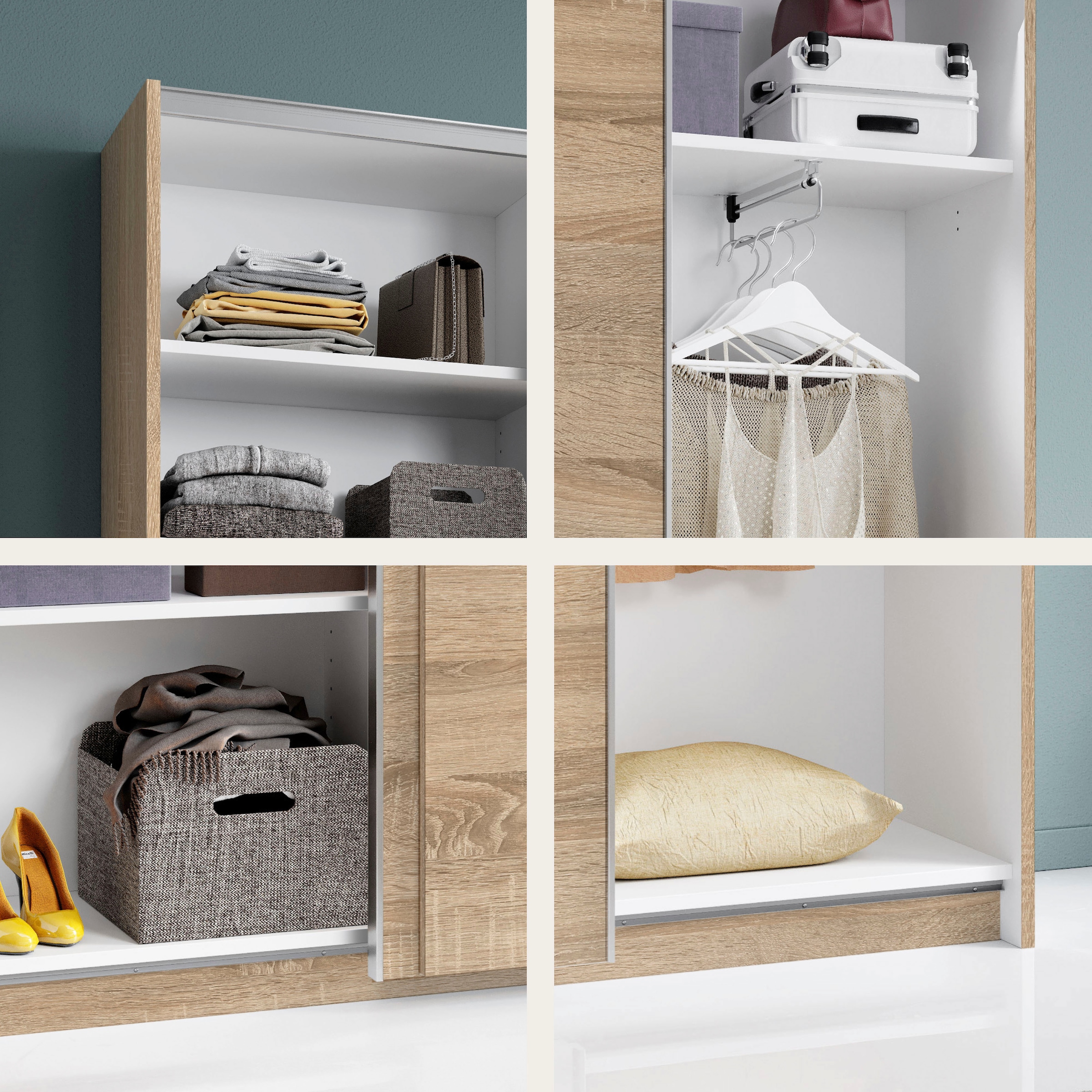 Schlafkontor Schwebetürenschrank »Heimo/Fast Schrank Kleiderschrank Garderobe«, geringe Tiefe, ausziehbarer Kleiderstange, Garderobenschrank, 6 Böden