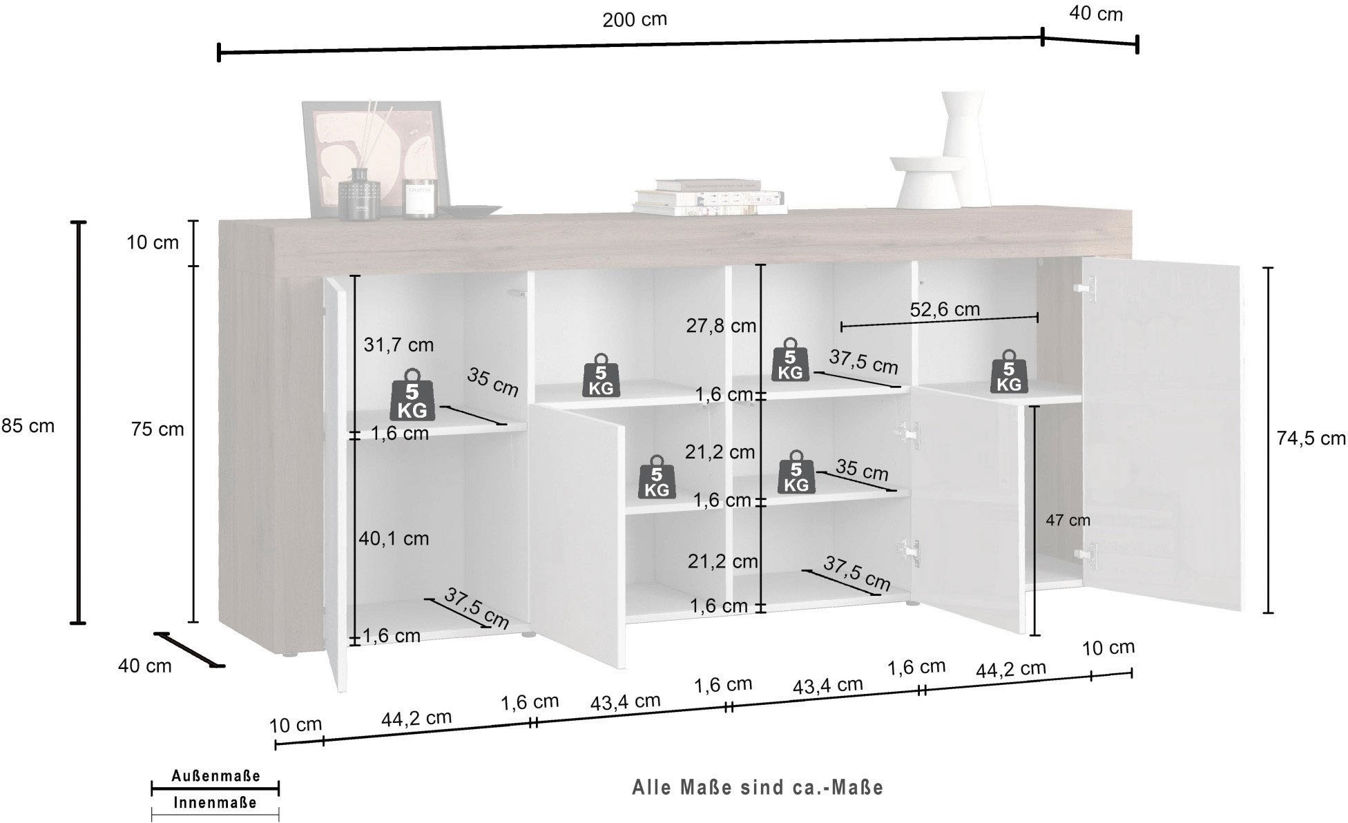 INOSIGN Sideboard »CHRONOS Breite 200 cm mit 4 Türen, 2 offene und 8 geschlossene Fächer«, (1 St.), Sideboard,Kommode, Schrank, Grifflos mit Push to Open, Made in Italy