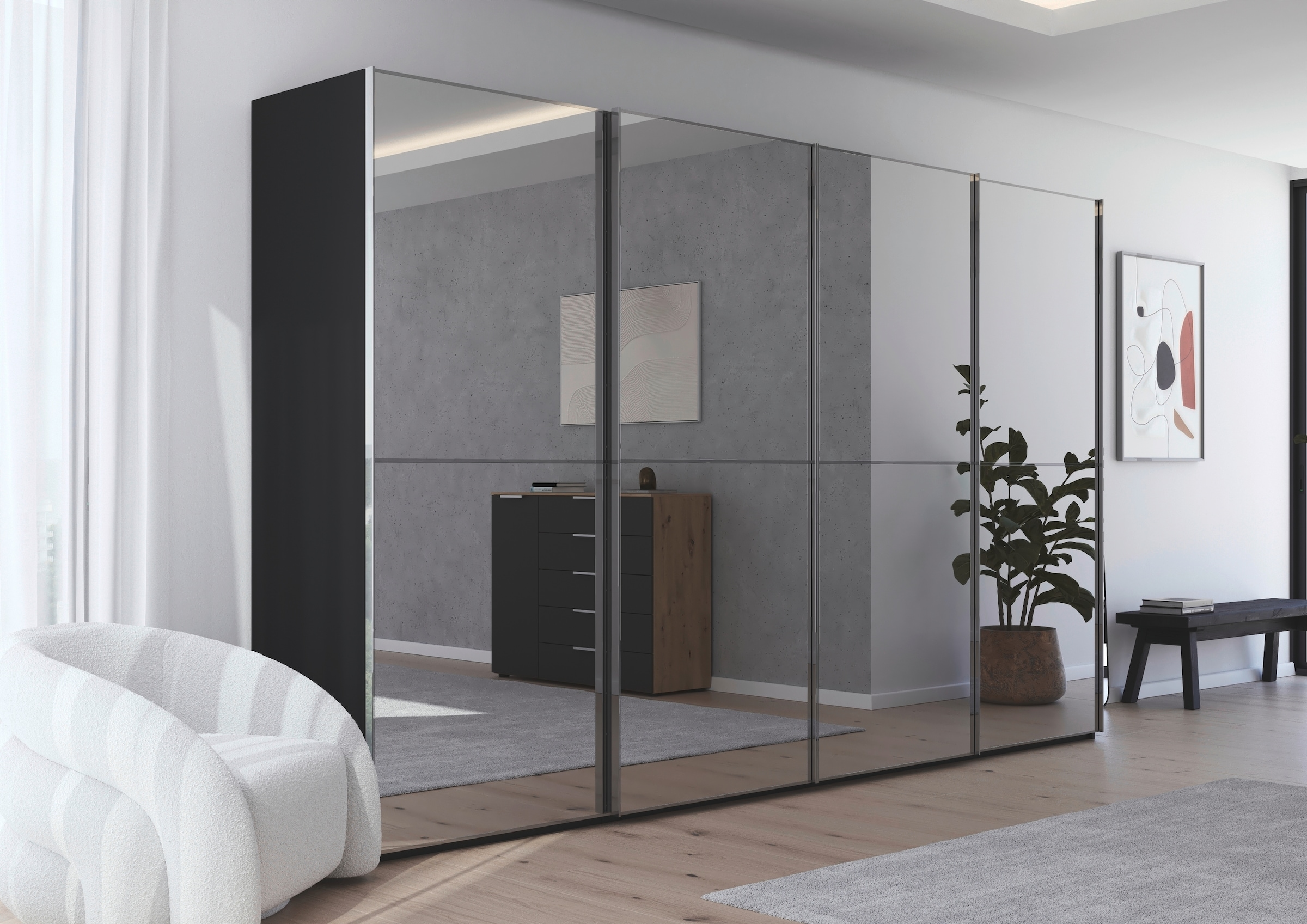rauch Schwebetürenschrank »Kleiderschrank Schrank Garderobe Schlafzimmerschrank SCALE-DUO«, edle zweigeteilte Türen Spiegelfront und 3 Zierleisten MADE IN GERMANY