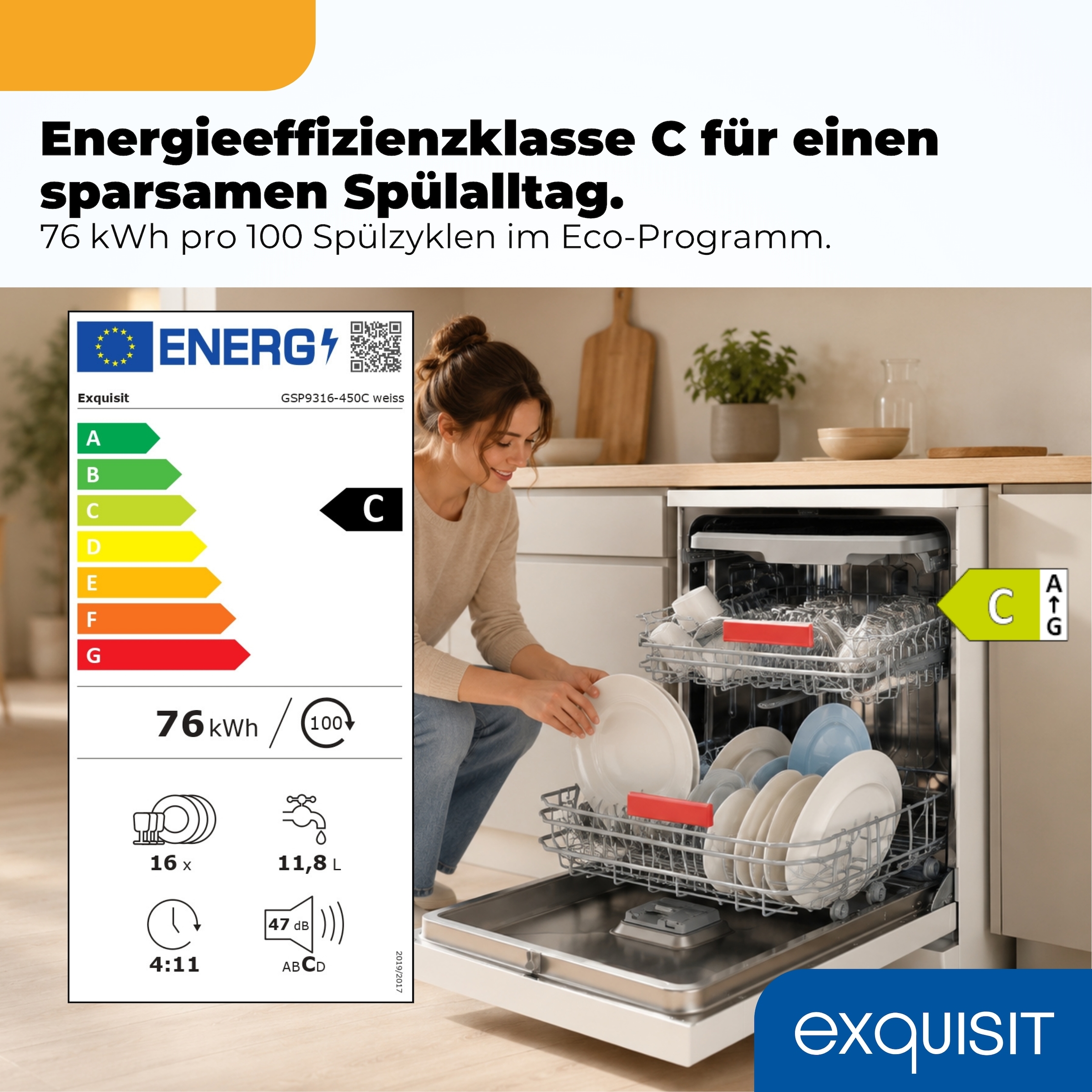 exquisit Standgeschirrspüler 9316 »GSP9316-450C weiss« 10,9 l 16 tlg. Maßgedecke 16 Maßgedecke, 8 Programme, Besteckschublade, Auto Door Open, AquaStop