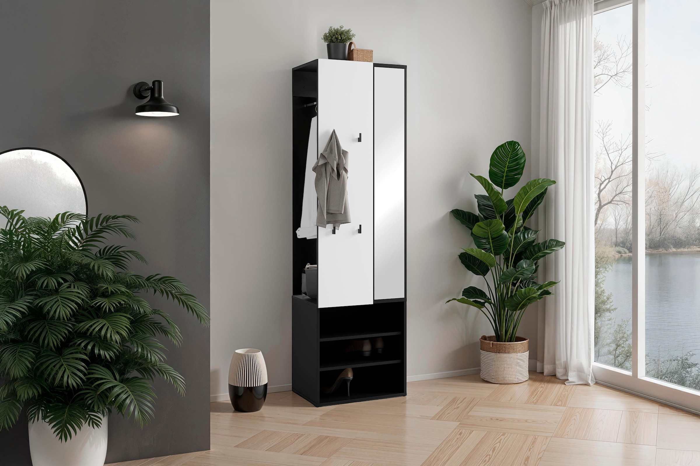 byLIVING Kompaktgarderobe »Dielen - Set Andorra«, (1 St.), maximale Ordnung auf wenig Fläche mit Spiegel, Kleiderstange und Haken
