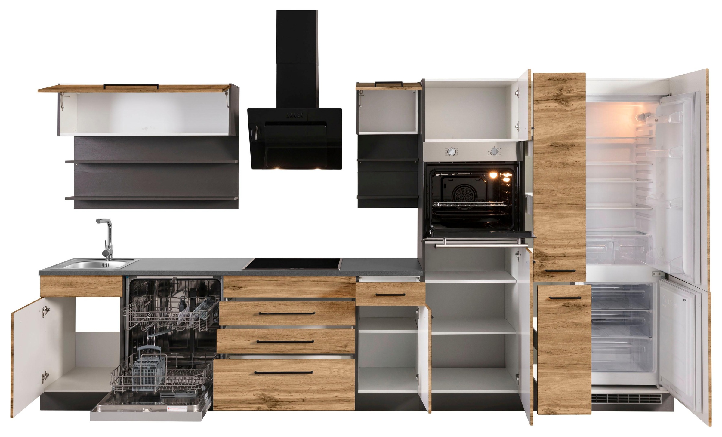 KOCHSTATION Küchenzeile »KS-Tulsa«, ohne E-Geräte, Breite 380 cm, schwarze Metallgriffe, MDF Fronten