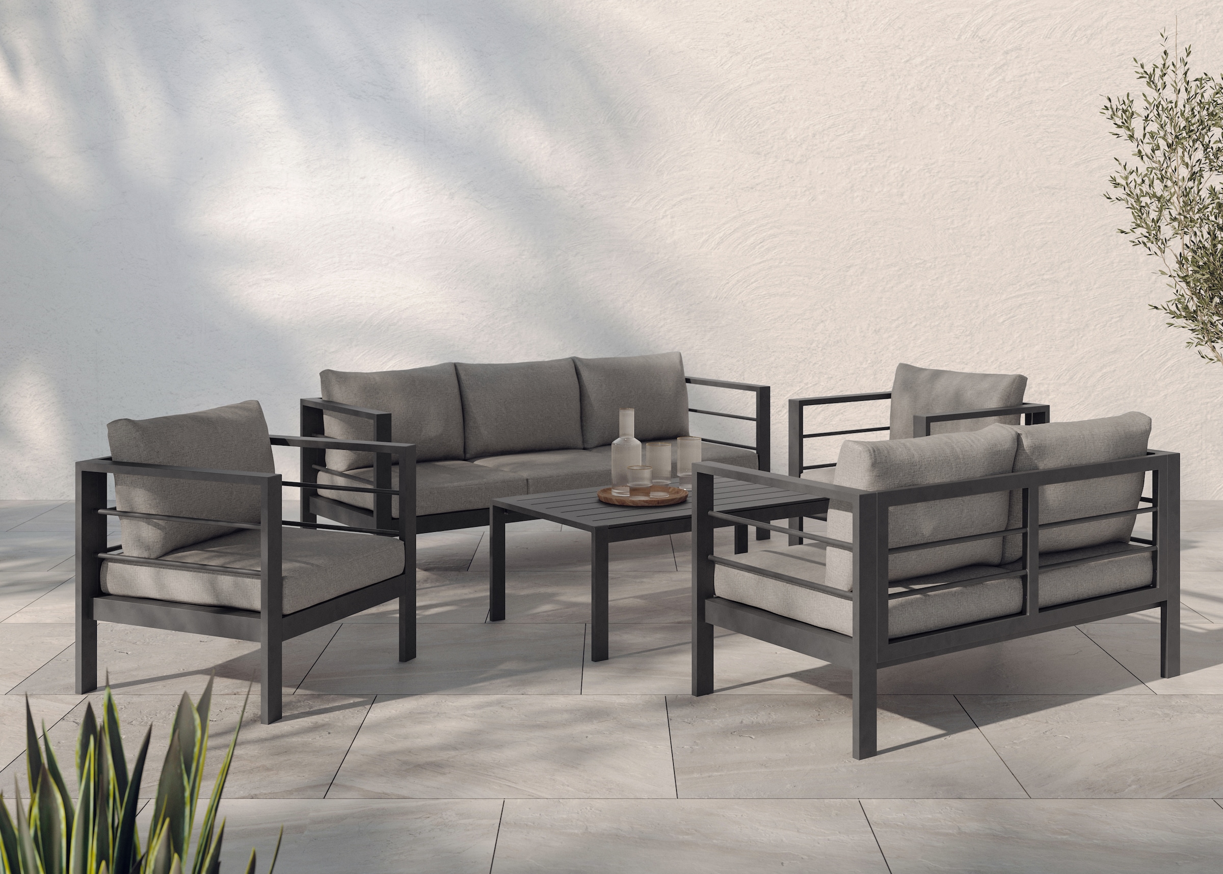 KONIFERA Gartenlounge-Set »»New Jersey««, (Set, 19 tlg., 1x 3er Sofa, 1x 2er Sofa, 2 Sessel, Tisch 62x110x41 cm), inkl. Auflagen, Tischplatte aus Nonwood